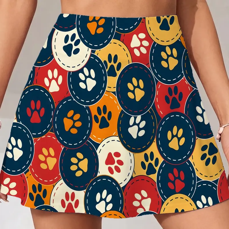 Summer Women's Lightweight Sporty Tennis Skirt and Shorts Set with Pockets, Colorful Footprint Print, Ideal for Running Yoga Fitness, Sporty Breathable Sports Skorts
