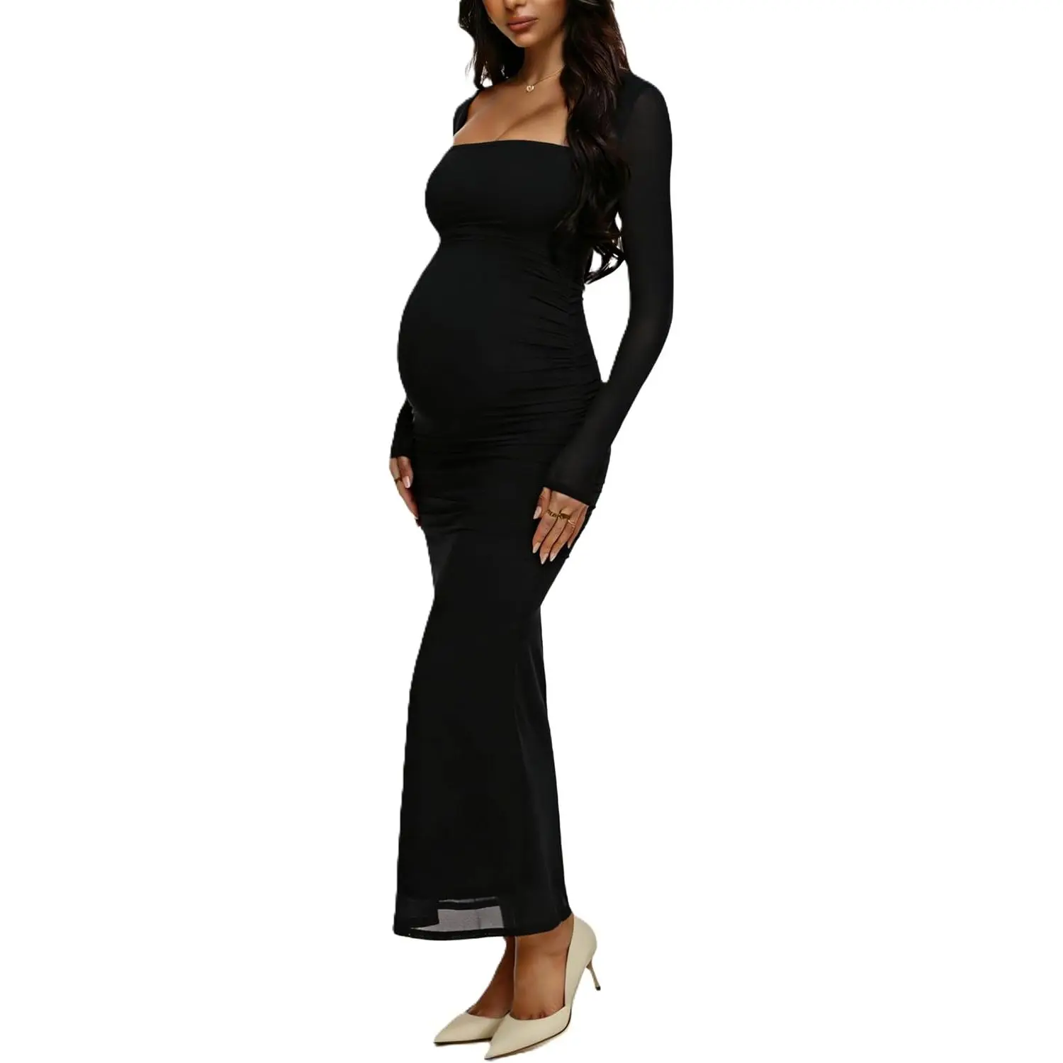 Long Sleeve Maternity Maxi Dress for Wedding Guest Elegant Mesh Square  Ruched Bodycon Formal Maternity Dress