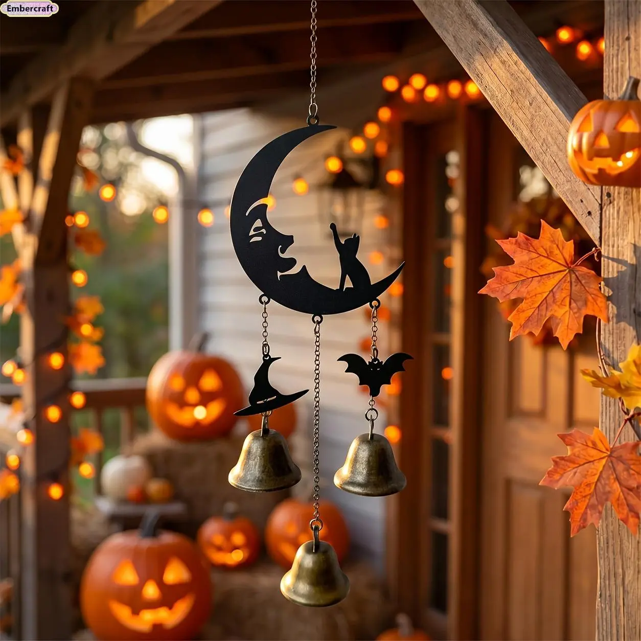 Viral Aesthetic Gothic Moon & Cat Metal Wind Chime with Antique Bronze Bell, Halloween Witch Decor Hanging Pendant, Bat & Witch Hat Outdoor Ornament for Porch, Patio, Balcony, Garden, Yard, Spooky Home Decor Gift
