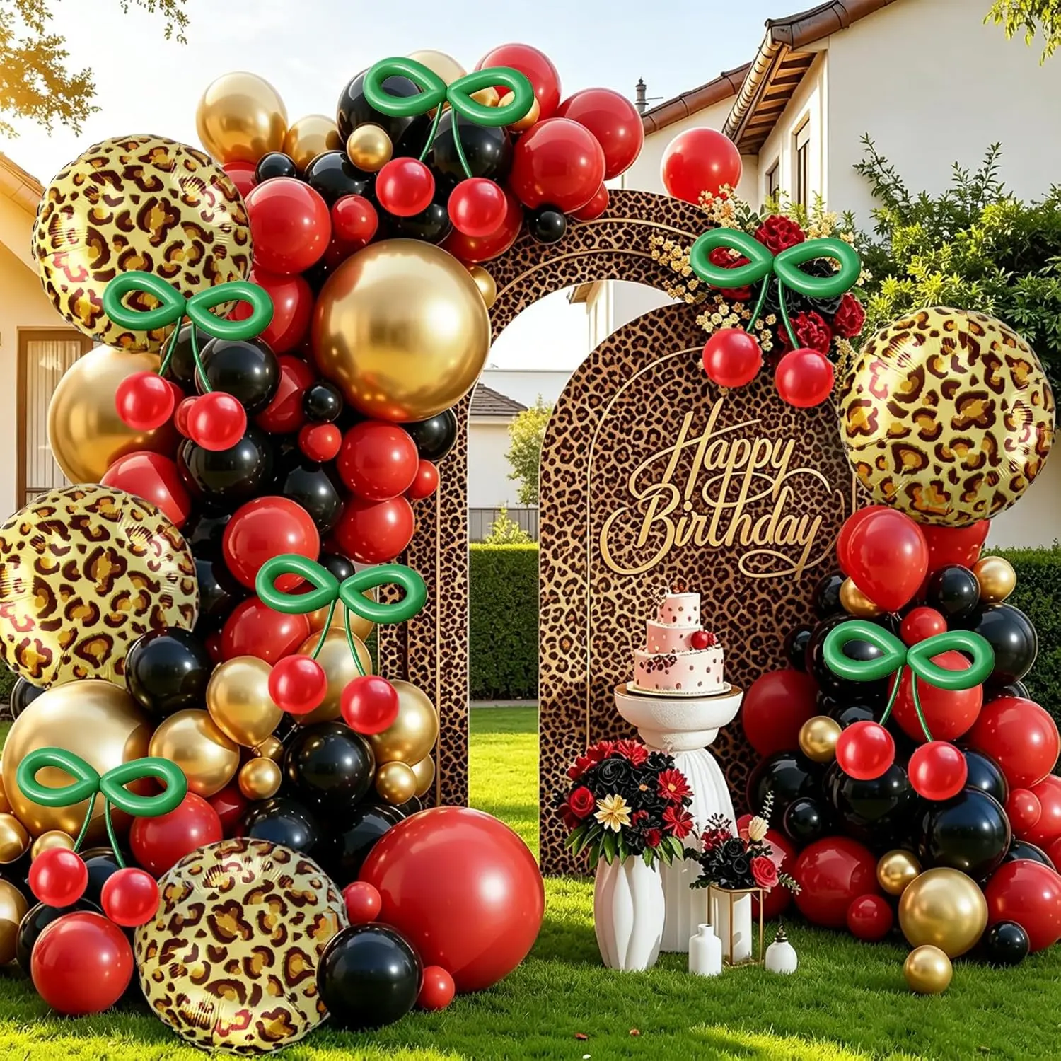 Cheetah Cherry Balloons Arch Kit 182Pcs Leopard Cheetah Print Balloons Garland Red Black Cherry Balloon Kit for Girls Night, Bachelorette, Baby Shower,Vintage Retro Party Decorations