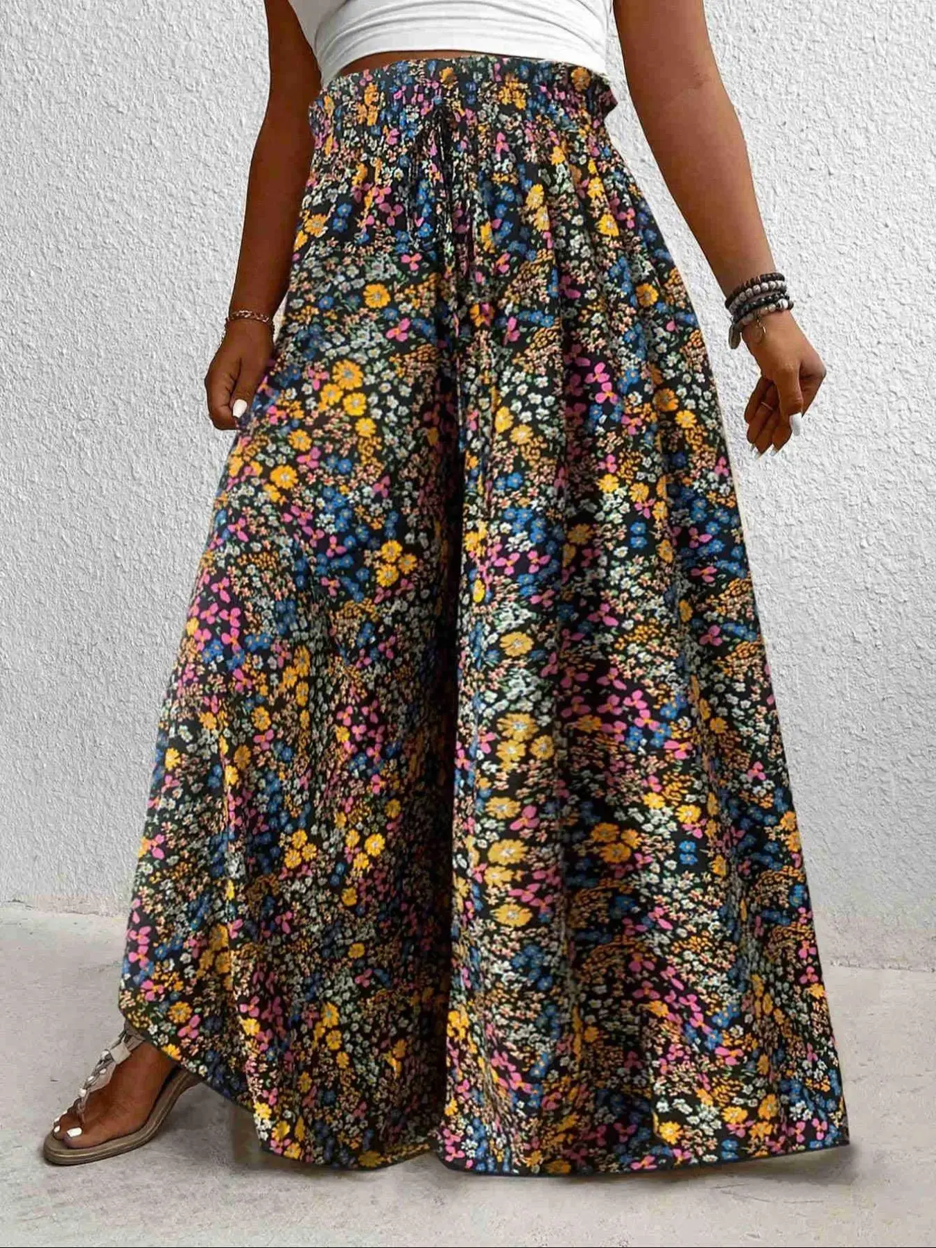 [Plus Size] All Over Print Wide Leg Pants, Fashion Pants, Boho Trousers, Bohemian Trousers, Comfy High Waist Trousers for Daily Wear, Women's Bottoms for Summer, Casual Loose Pants, Chic Comfy Pants