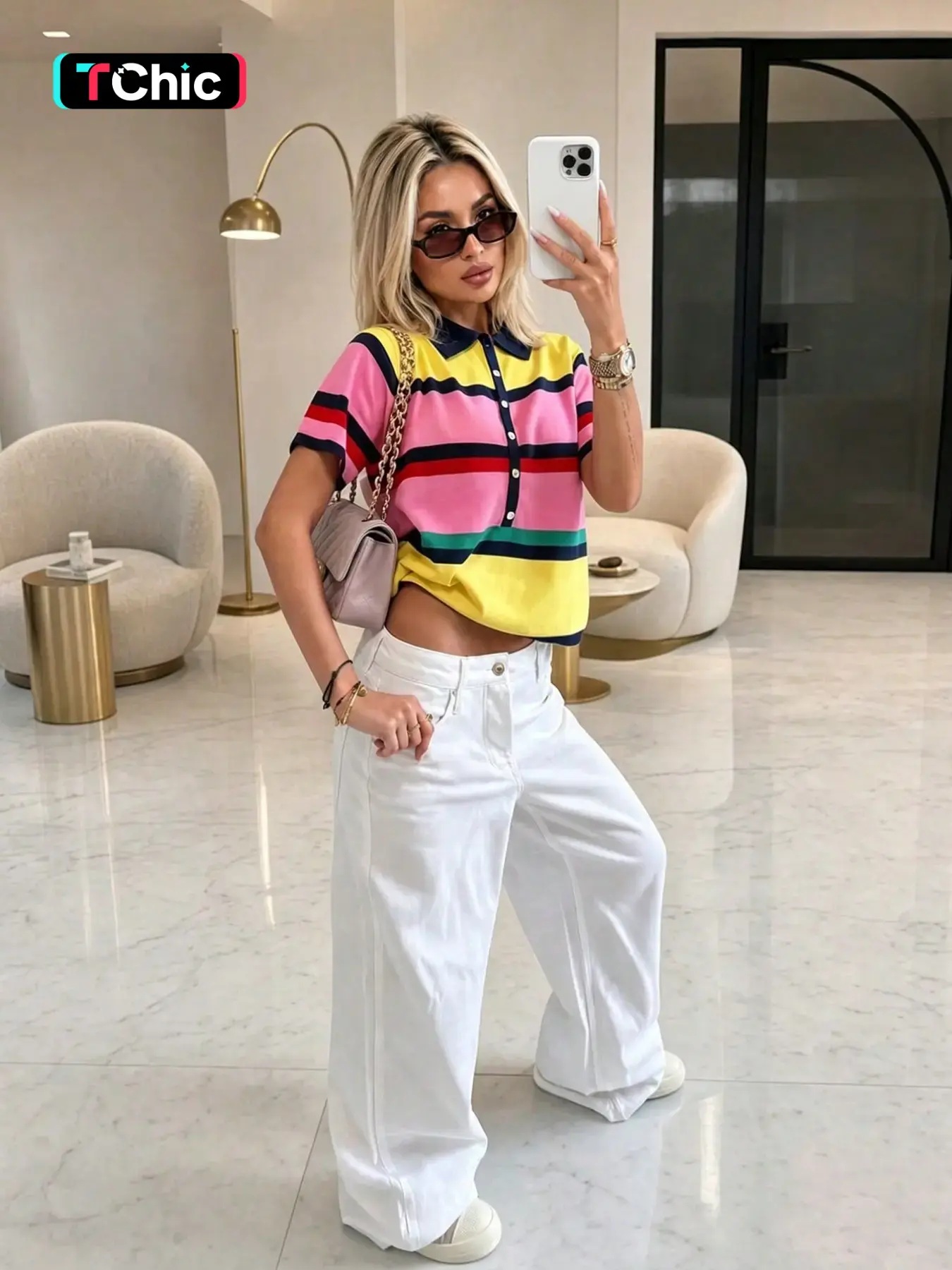 Women Color Block Striped Cropped Polo Shirt, Collared Button Front Short Sleeve Crop Top, Retro Y2K Fashion Short Blouse, Trendy Summer Casual Streetwear Outfit, Daily Commute & Shopping Look, Cute Vacation Holiday Top