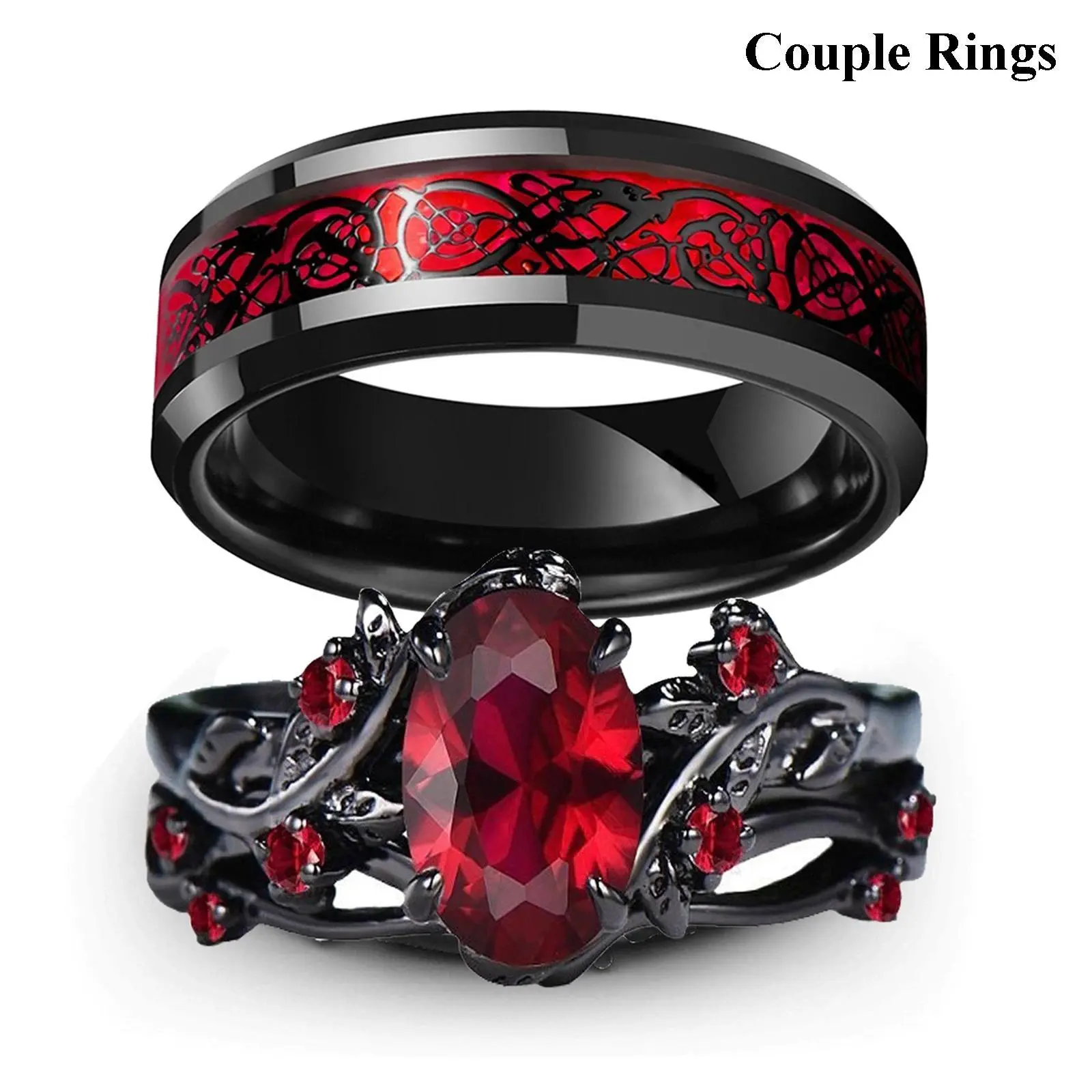 2026 Gothic Black Red Dragon Tungsten Men's Band and Twisted Vine Red Crystal Women's Couple Ring, Dark Fantasy Oval Ruby Gemstone Engagement Commitment Matching ring, Gothic couple wedding Anniversary jewelry gift