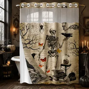 1Pc Hookless Double Layer Shower Curtain, Vintage Gothic Skeleton Raven Skull Spiderweb Print Halloween Bathroom Decor, Waterproof Mildew Resistant Washable Fabric, Removable Snap-in Liner, Top See-Through Window, For Apartment, Guest Bath, RV