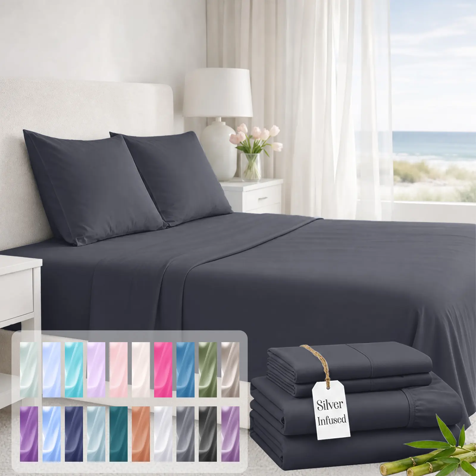 OS OMYSTYLE  Luxurious Bamboo Viscose Sheets 4-Piece Cooling Bamboo Bed Sheet Set - Soft & Breathable Bedding, Moisture Wicking Fitted Sheet & Pillowcases For Men，Women,- Perfect for Skin & Master Bed Decor