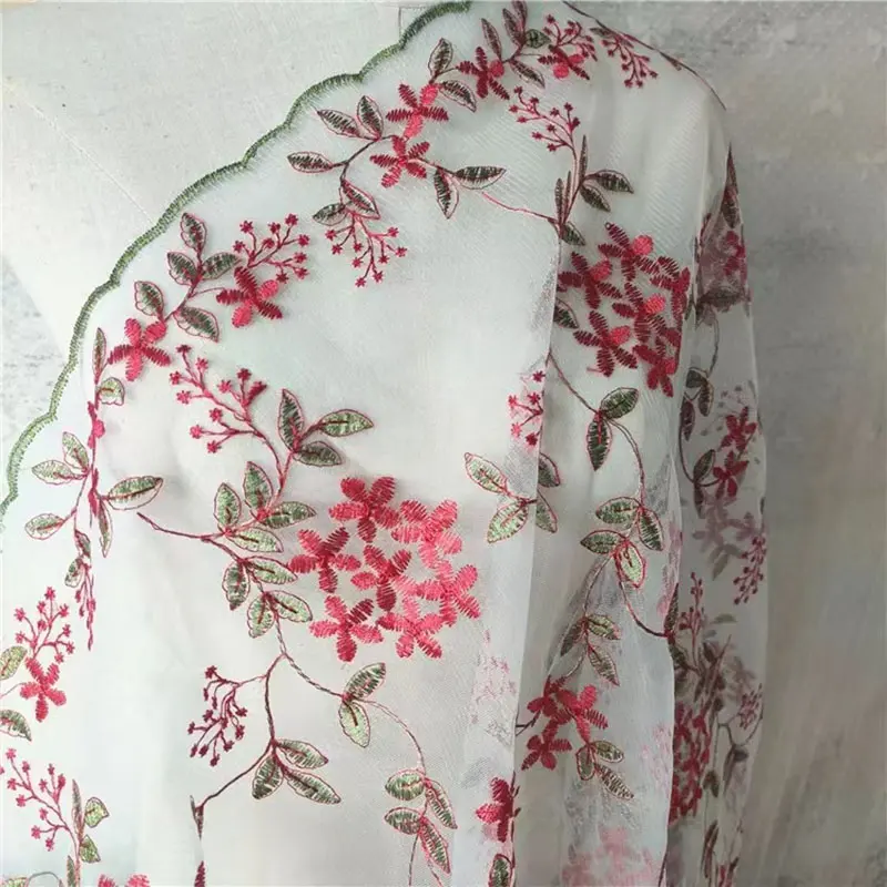 Red-Green Floral Embroidered Tulle Fabric, sheer mesh for wedding dresses, DIY crafts, and curtains