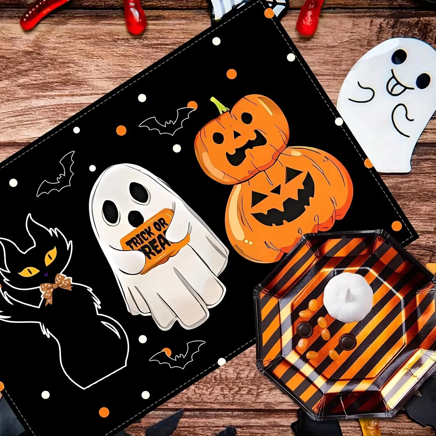 Halloween Ghost Pumpkin Linen Placemats, Funny Heat-Resistant Mats, Home Use Anti-Slip Table Mats, 4/6/8/10 Pcs Set