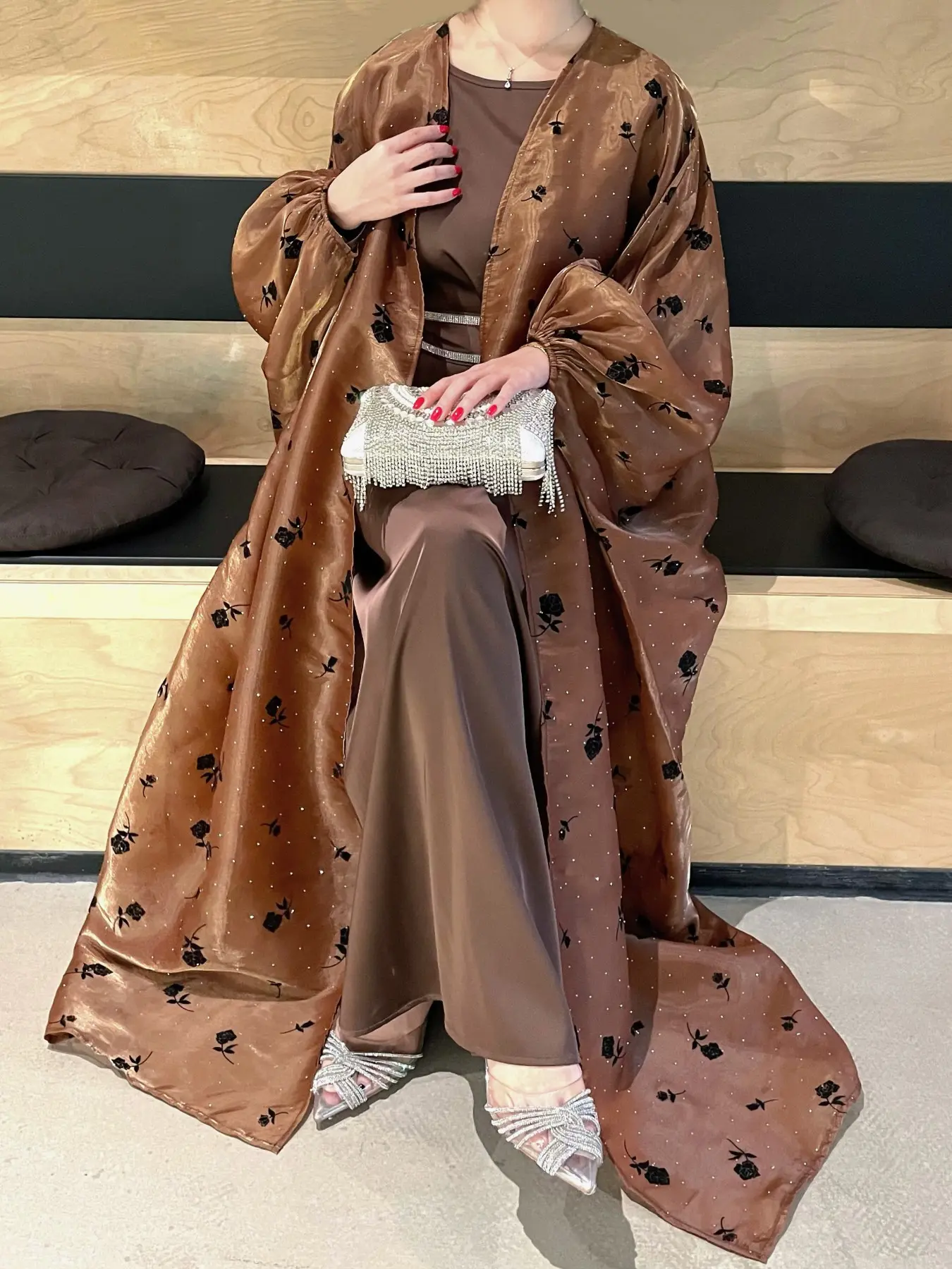Elegant Luxurious Rose Print Shimmering Jacket Set, Modest Abaya Long Dress Ensemble, Two-Piece Round Neck Inner Skirt, Formal Wear, Islamic Clothing Set