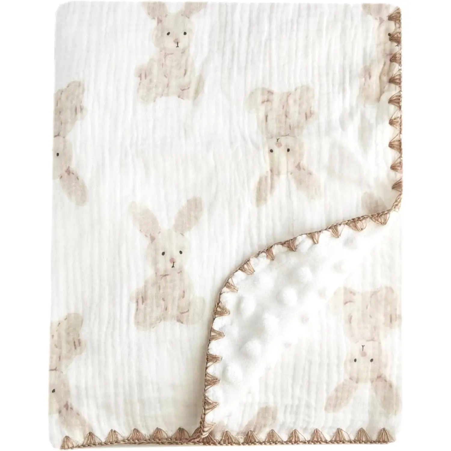 Soft Double-Layer Muslin Cotton Baby Receiving Blanket with Dotted Backing, 40"x40", BunnyGift