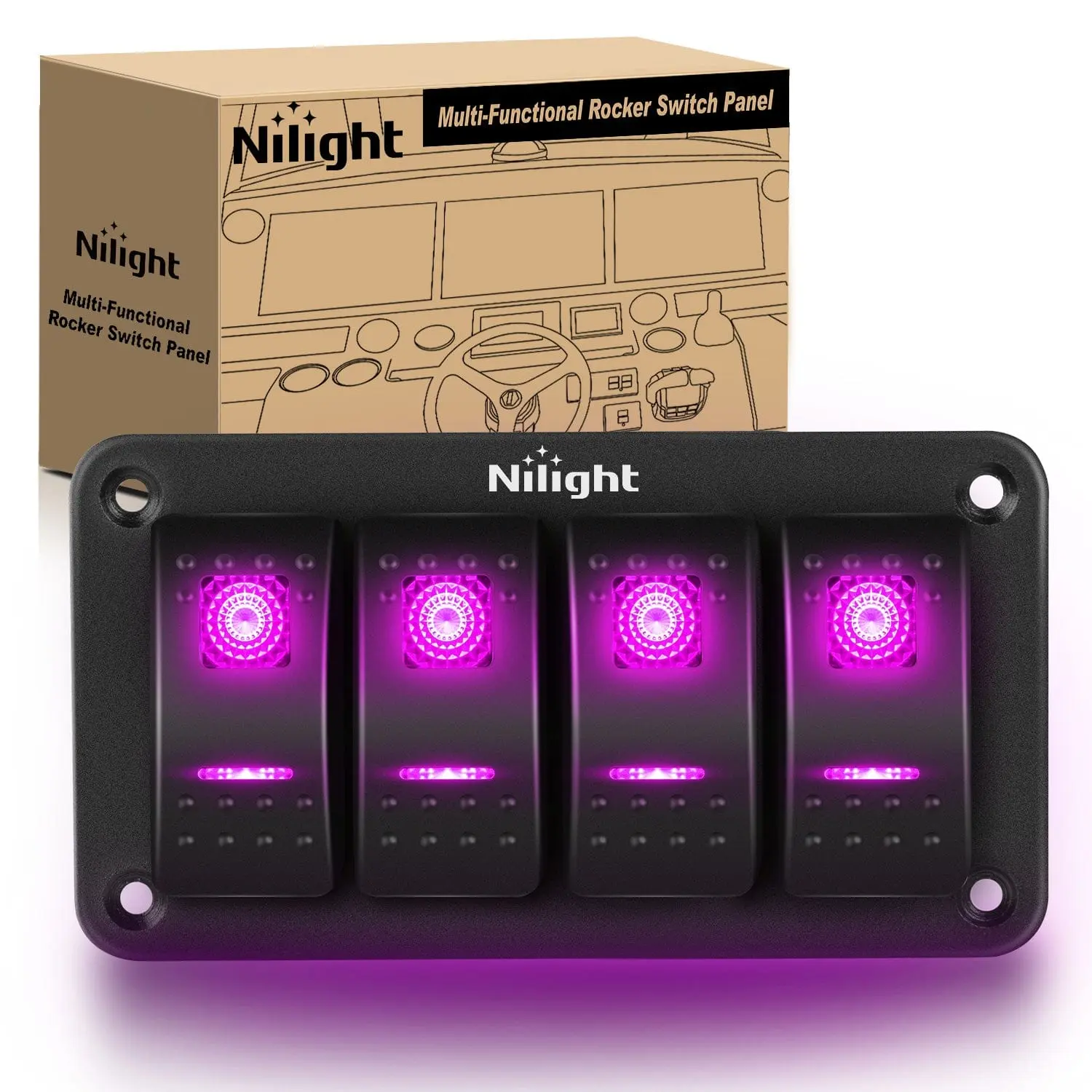 Nilight 4Gang Aluminum 5Pin ON/Off Rocker Switch Panel Purple