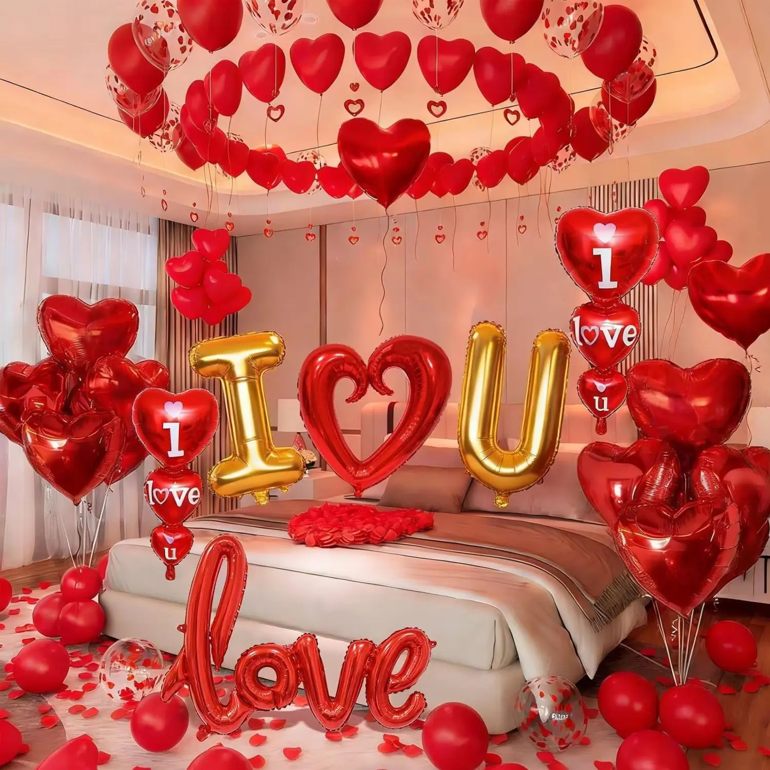 Valentine's Day Balloon Set, Hollow Heart Aluminum Foil Balloons, 32 Inch I and U Balloons, Romantic Party Decorations
