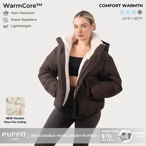 【Last Sale】PUFFIT WarmCore Premium Short Puffer Jackets with Removable Hood & Optional Faux Fur Linging, Lady Casual Outerwear Longsleeves Zip Pockets Warm Quilted Coat