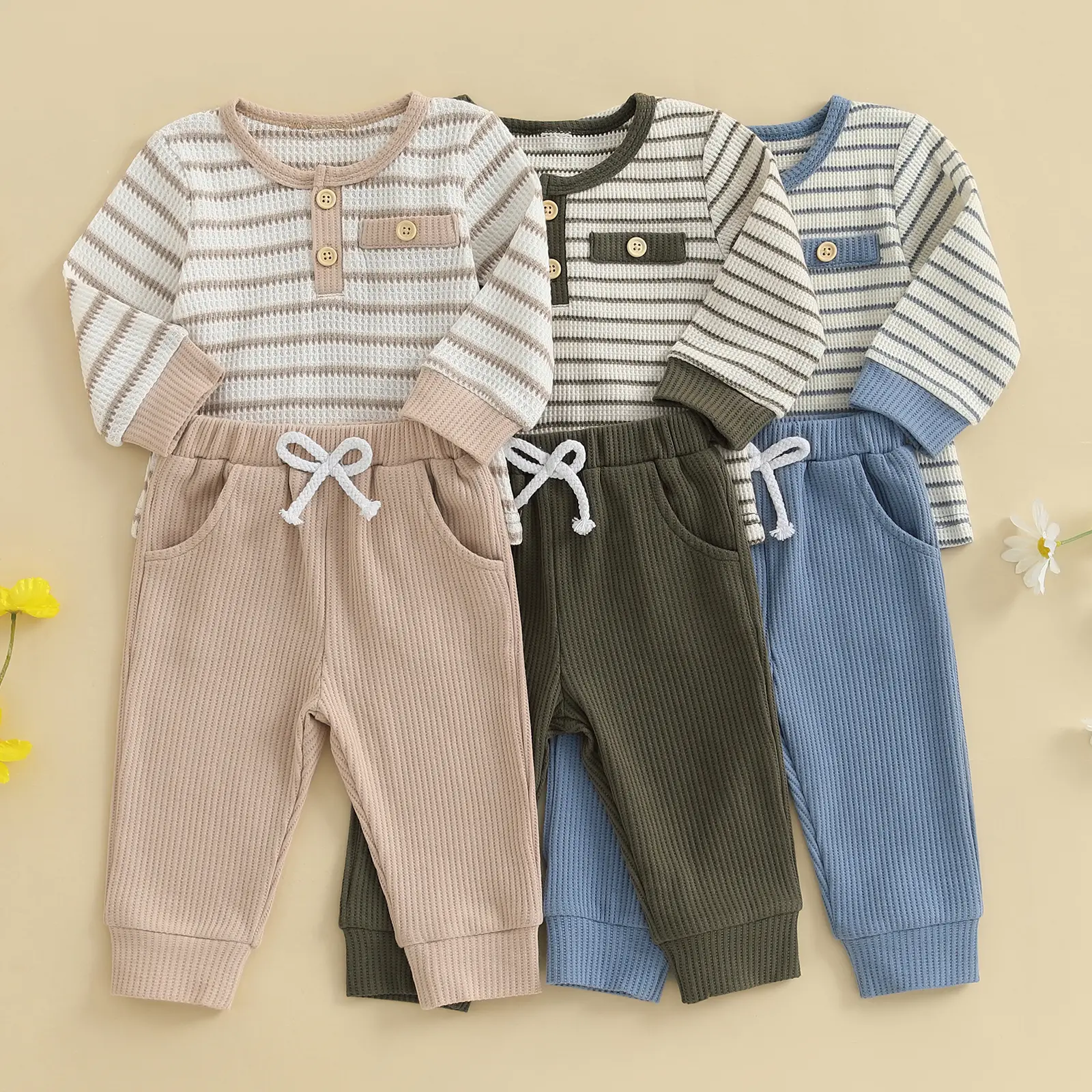 FOCUSNORM Toddler Baby Boys Striped Waffle Knit Henley Long Sleeve Top Drawstring Pocket Jogger Pants 2Pcs Fall Outfit 3M-3T