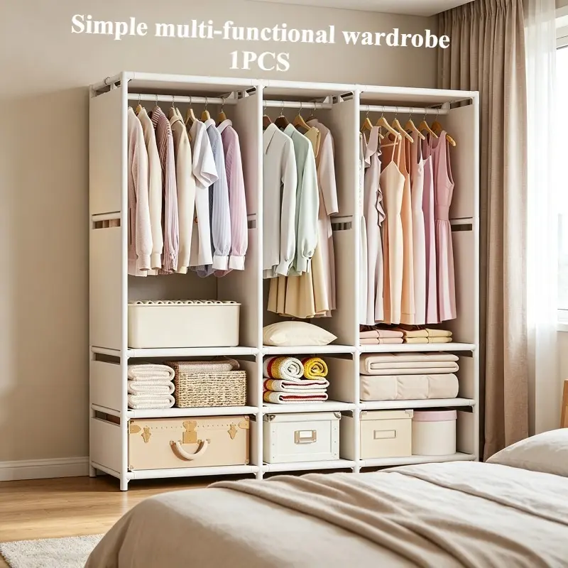 New Simple Assembled Wardrobe Storage Unit, Large Hanging Storage Closet, Sturdy Durable Economical Clothes Cabinet for Bedroom Apartment Rental House