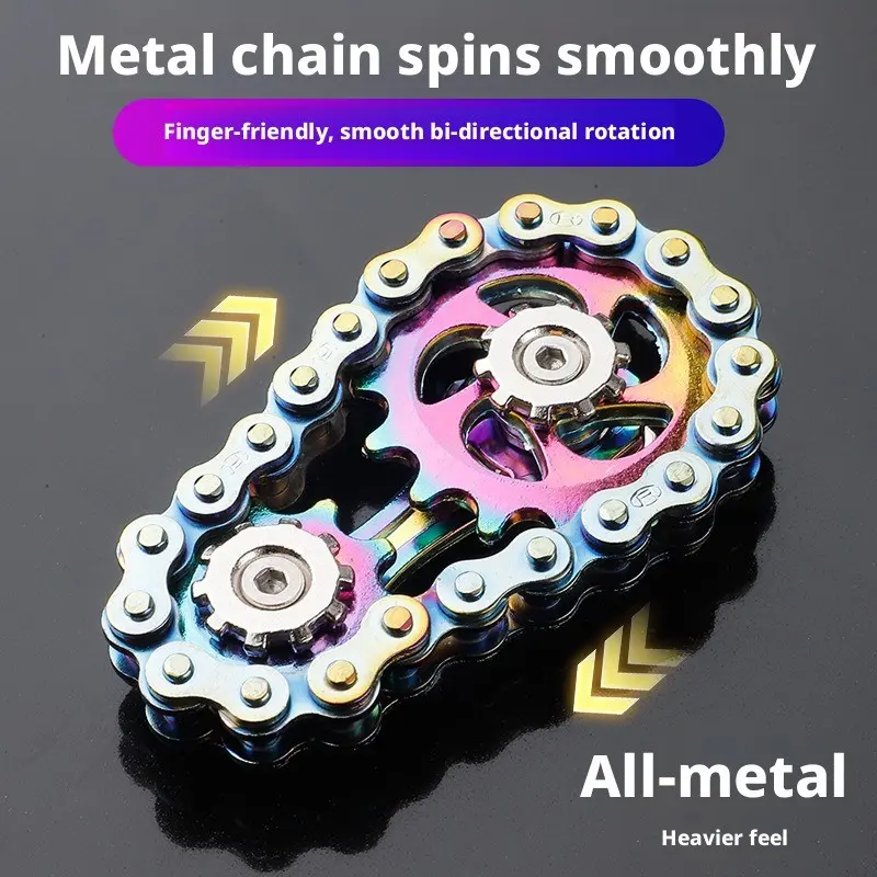 Viral Colorful All Alloy Wheel Gear Chain Fidget Spinner Premium Metal Finger Toy Adult Anxiety Stress Relief Gadget Metallic Finger Spinner