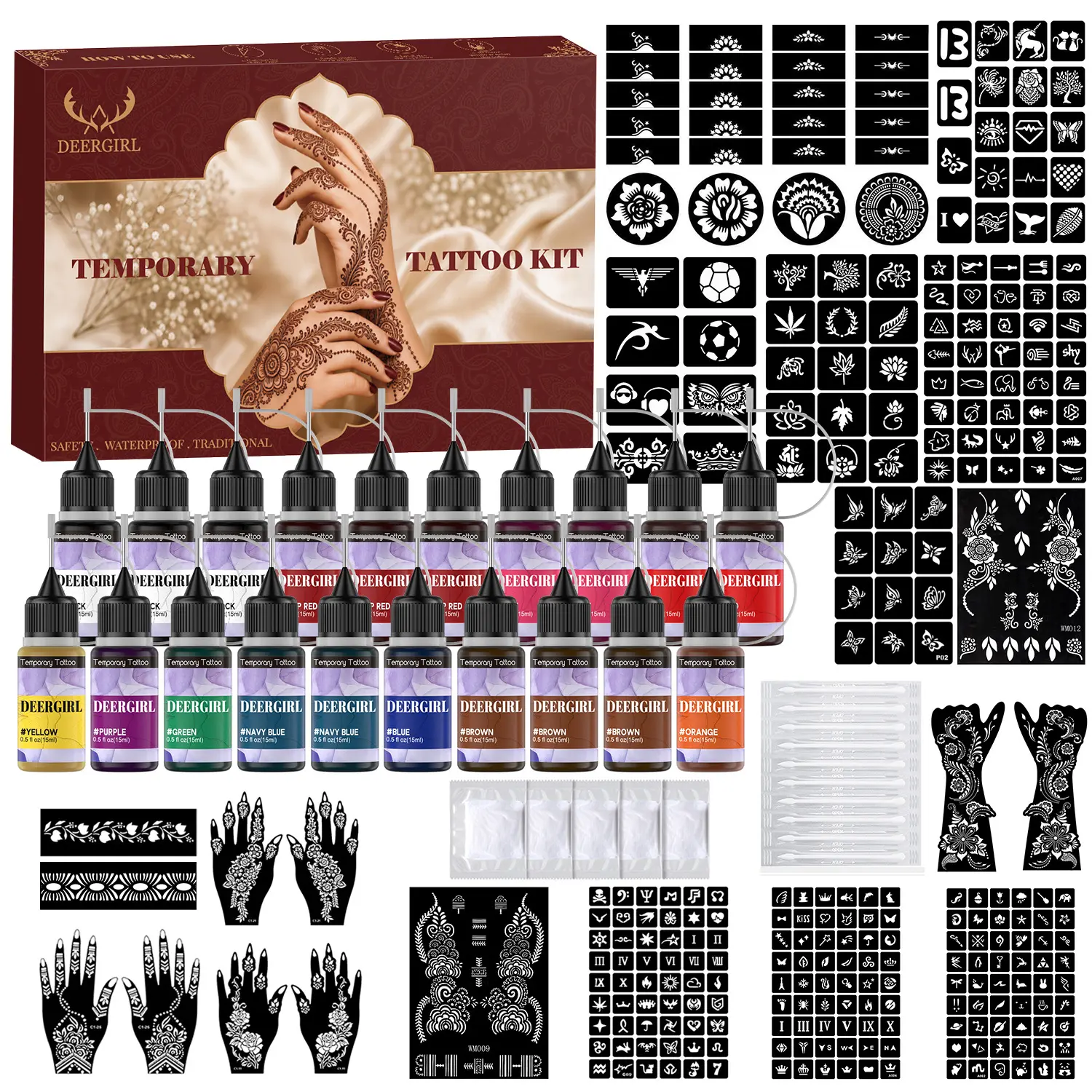 Henna painting kit exclusive for girls and women, 20 rich ink shades with reusable stencils. Fine skin-friendly pigment for nail, wrist and limb patterns, natural sheer color for birthday parties, travel shots and themed events.