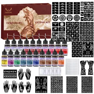 Festival party DIY henna temporary tattoo gift box with 20 multi-color ink bottles & reusable stencils. Diverse patterns with mild skin-safe formula, essential painting kit for bridal looks, school events and carnival parties.