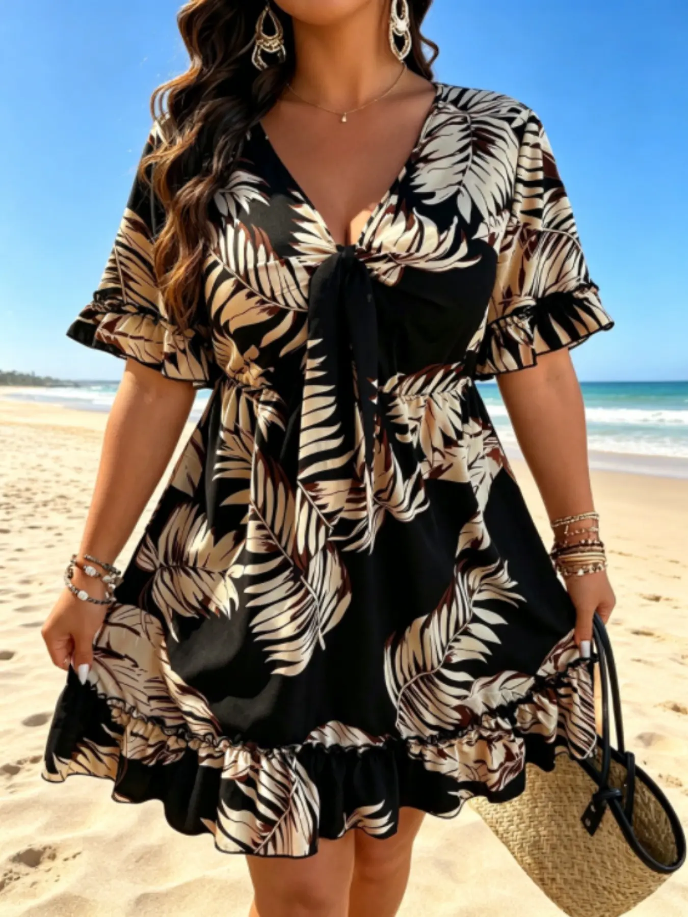 Lune Plus Size Women's Short Floral Print Tie Dress, Fashion Chic Summer Dress, Perfect for Casual Vacation, Stylish and Comfortable, Casual Wear