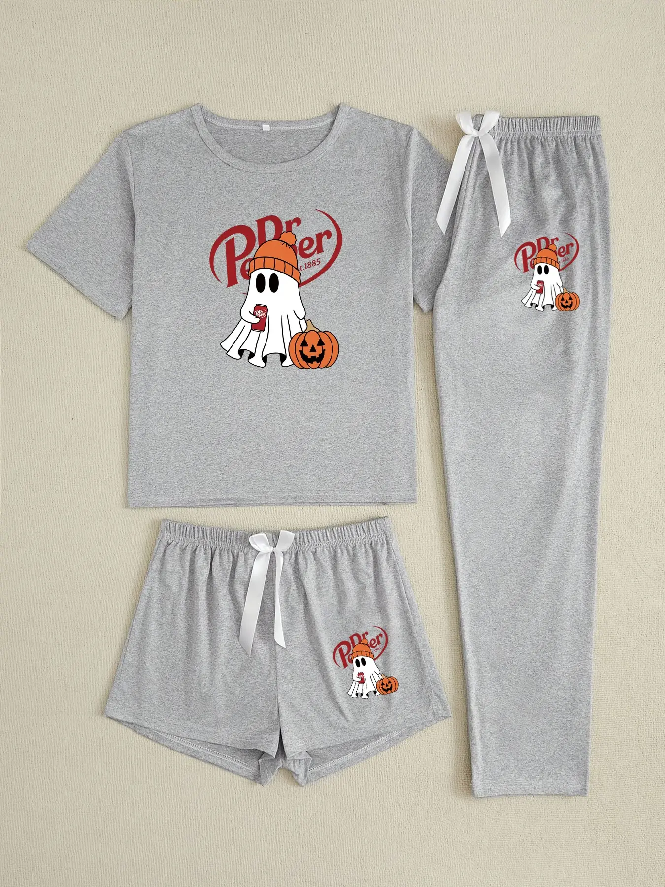 Halloween Dr. Pepper Women's Three-Piece Pajama Set, Loose-Fitting Cartoon Pattern, All-Season Casual Home Wear, Unlined Plain Surface