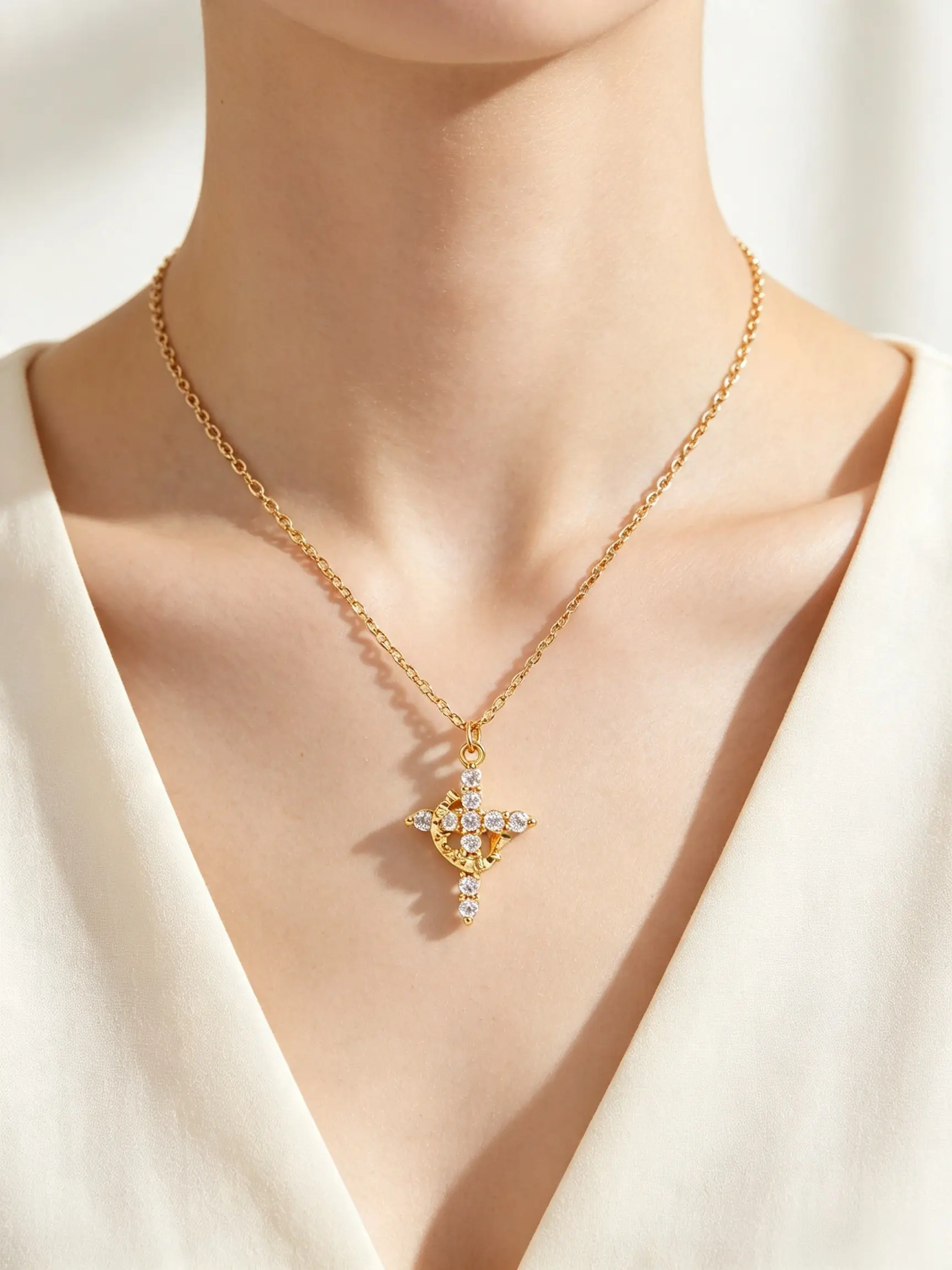 Creative Titanium Cross Necklace, Elegant Hollow Colorful Zircon Lockbone Chain, Trendy Full Diamond Crown Cross Pendant Necklace