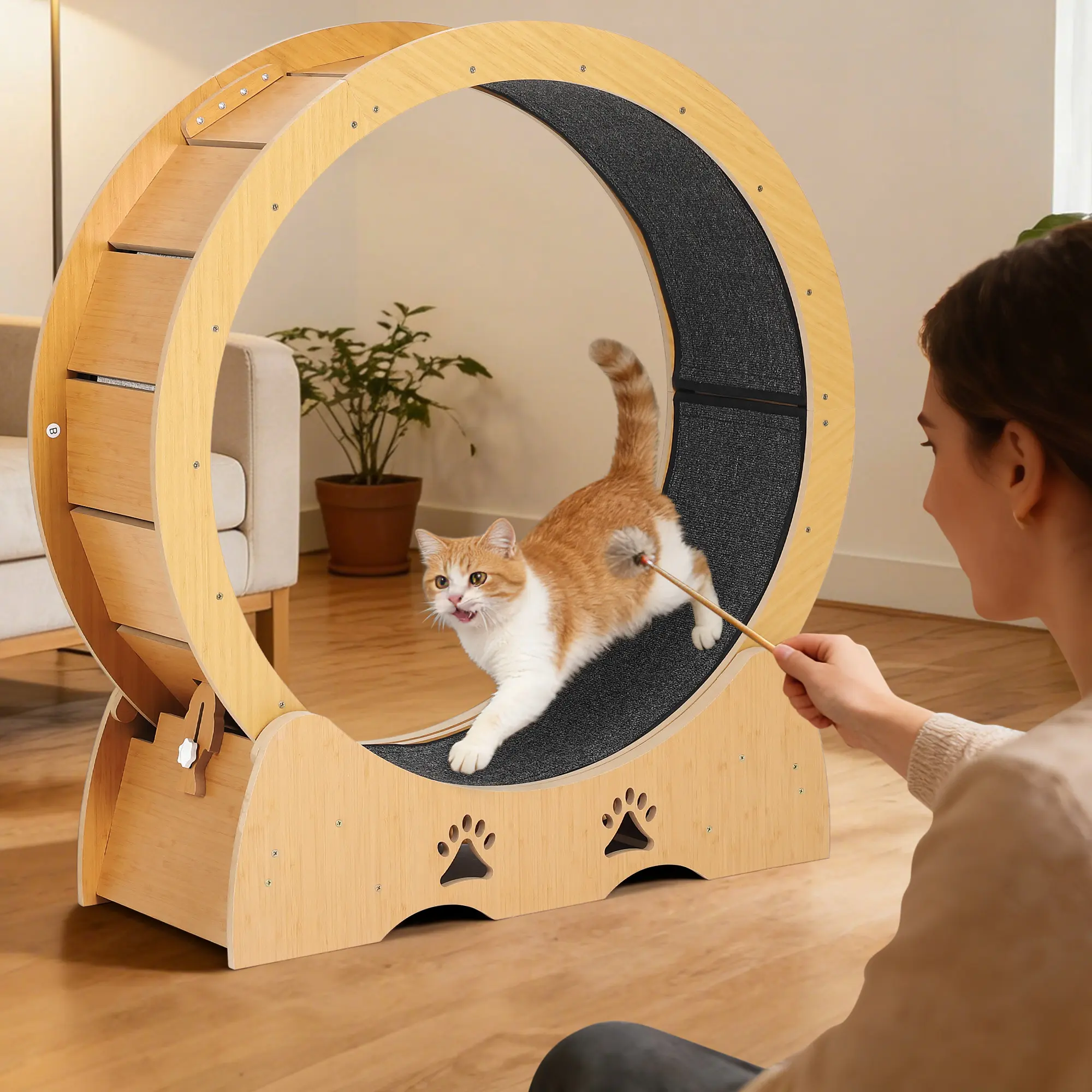 Quiet Wooden Cat Exercise Wheel - Low Noise Treadmill for Indoor Cats - Removable Carpeted Exercise Wheel - Large Sturdy Training Wheel