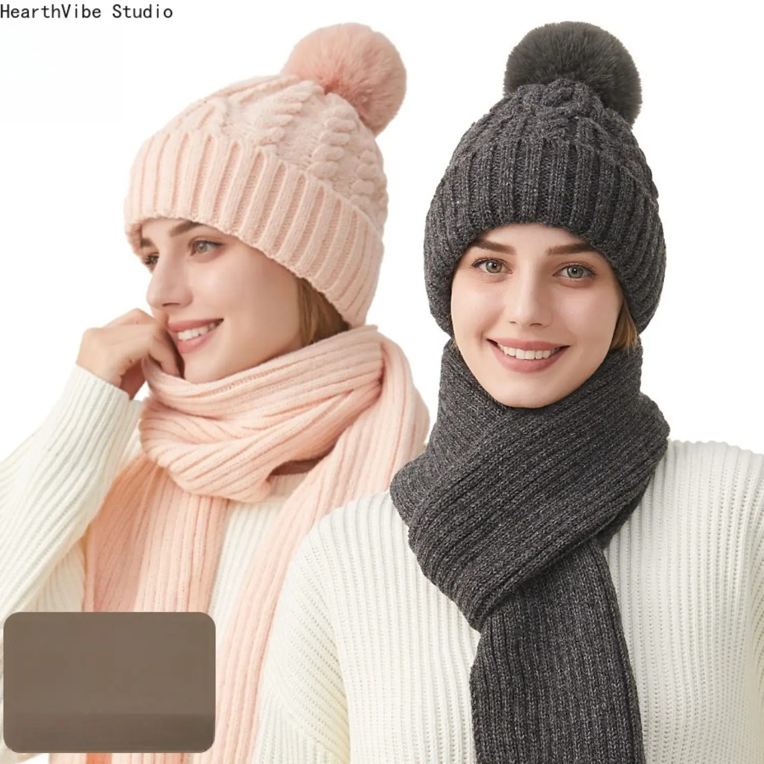 2-Piece Winter Hat Scarf Set for Women Thick Fleece Lined Cable Knit Beanie with Faux Fur Pom Pom Classic Long Ribbed Scarf Neck Warmer Set for Cold Weather