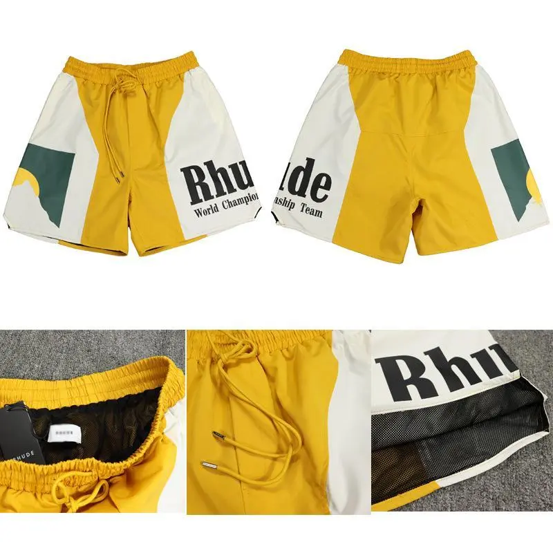 New Men's Drawstrings Waist Sunset Letter Printing Color Patchwork Summer Sports Beach Pants Yellow Cutouts