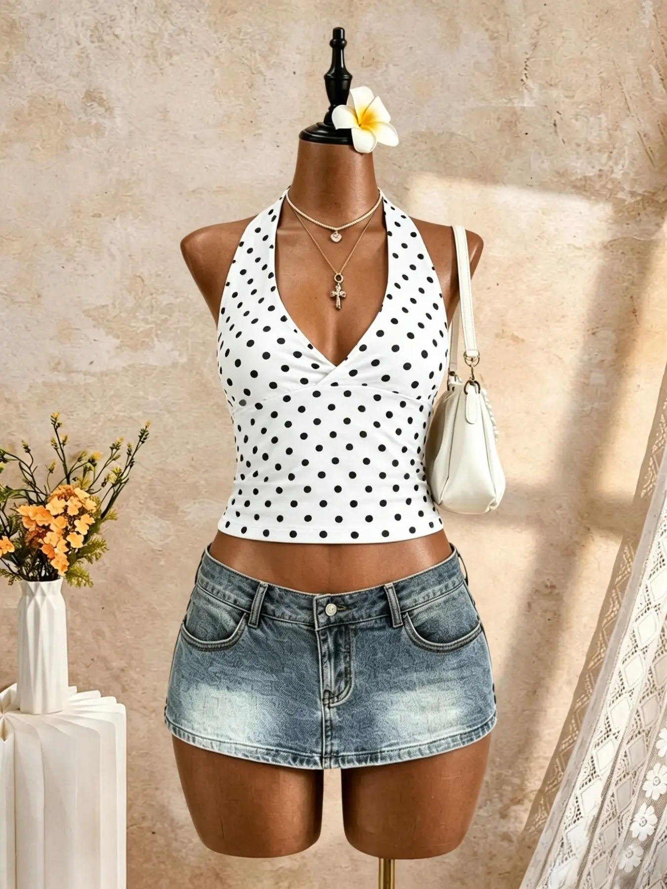 Women's Retro Vintage Polka Dot Halter Top, Deep V Neck Sleeveless Tank, Fitted Short Crop Top, Casual Summer Streetwear, No Sleeves Shirt, Casual Everyday Top, Casual Sleeveless Tops
