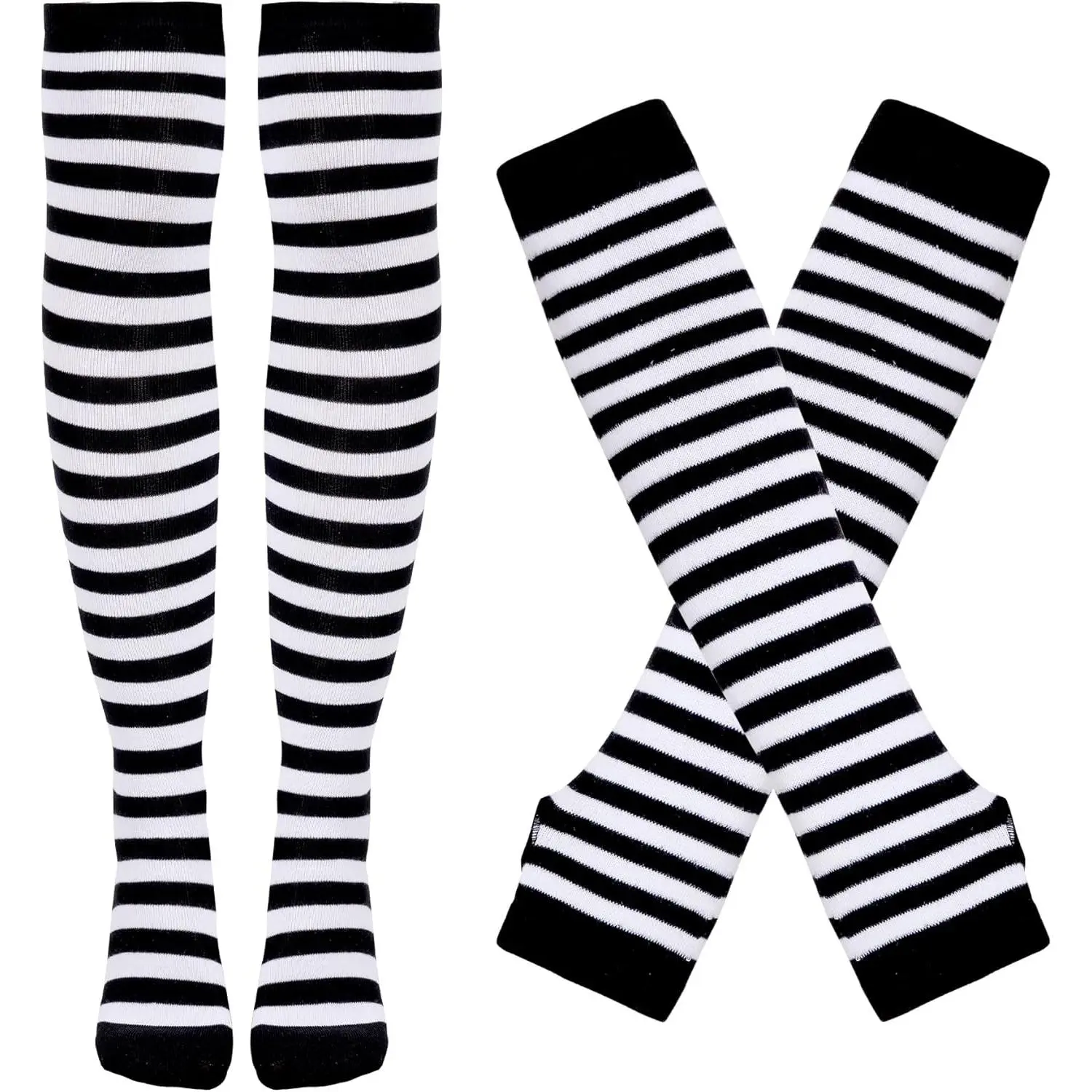 Women's Striped  High Socks, Over  Thigh High Socks, Arm Warmer and Fingerless Gloves Set