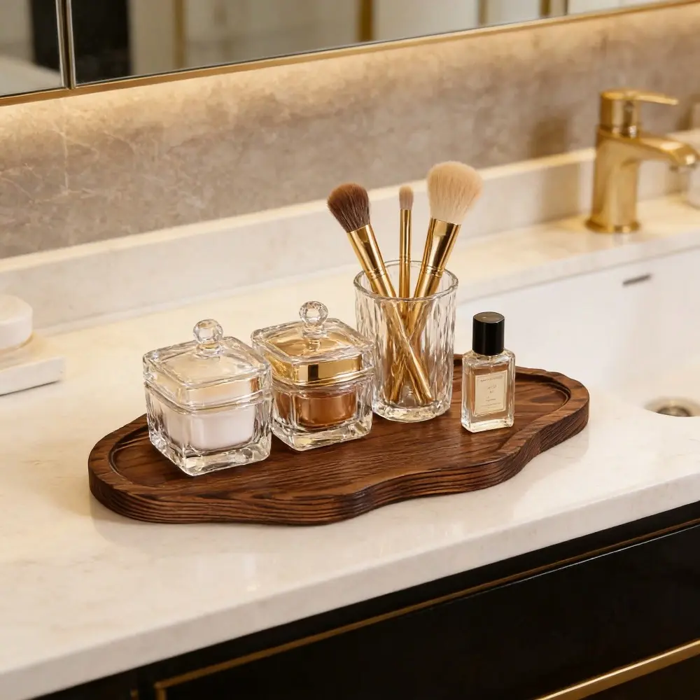 1pc Wooden Bathroom Tray, Irregular Shape Decorative Tray, Storage Tray for Toilet, Candle Fragrance Perfume Tray, Home Decoration, Bathroom Decorations, Bathroom Decoration Accessories