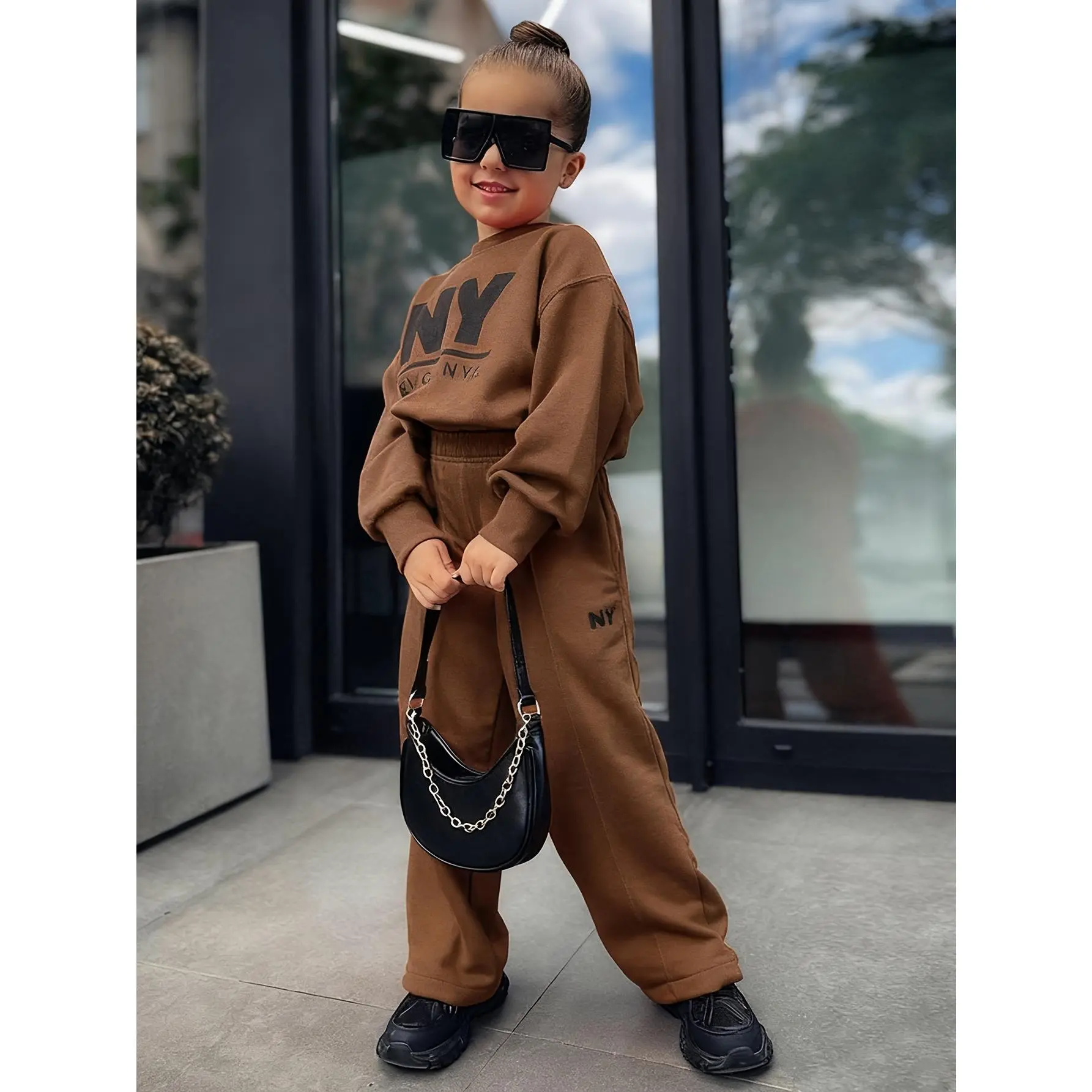 Girls' Fall Winter Solid Color Sweatshirt Letter Athletic Wide Leg Pants Set, for Outdoor