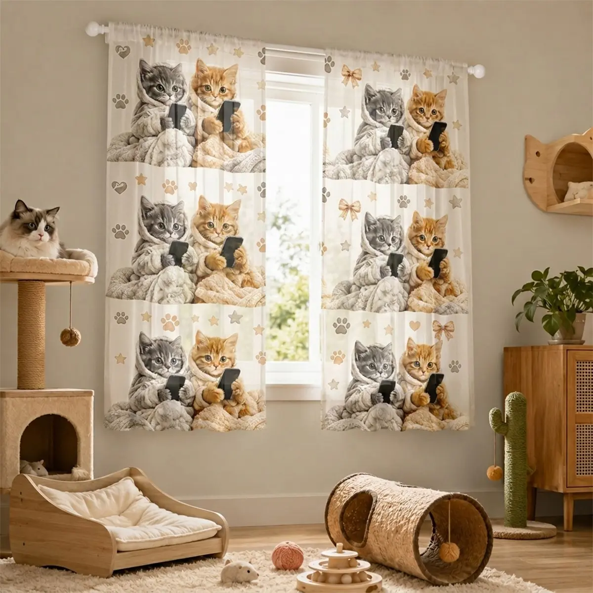 2-piece adorable orange and gray cat print curtains, featuring cat paw and star patterns, semi-blackout design, pocket rod installation, polyester material, suitable for living rooms, kitchens, bedrooms, studies, etc., Semi Shading Curtain