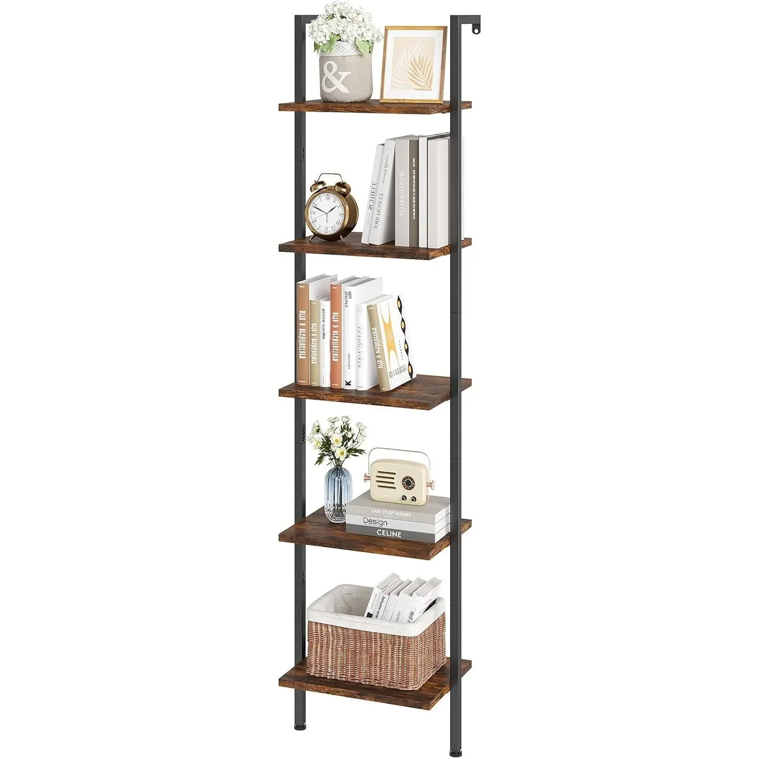 Ladder Shelf, 5-Tier Wood Wall Mounted Bookshelf with Metal Frame, Vintage Open Display Organizer Rack, Leaning Storage Shelves for Living Room, Bedroom, Home Office, Rustic Brown