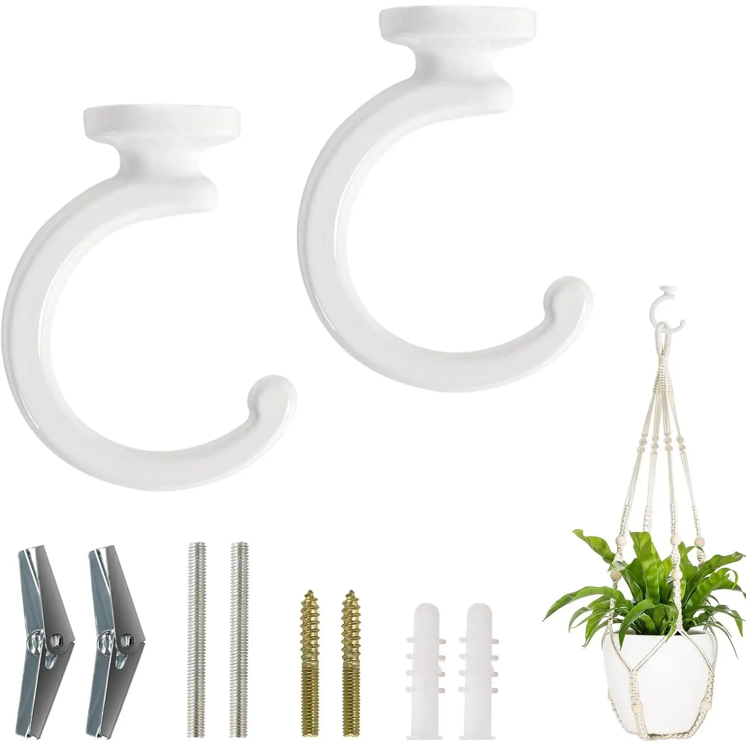 Ceiling Hooks for Hanging Plants, Swag Hook Plant Wall Hanger Heavy Duty for Hanging Planter, Chandeliers, Wind Chimes, Indoor Outdoor Decorative Hooks (2 Pack White)