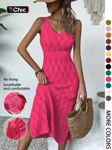 Women's V Neck Sleeveless Long Dress, Elegant Plain Hollow Out Pattern Split Thigh Beach Casual Shirt Dress, Random Floral Design