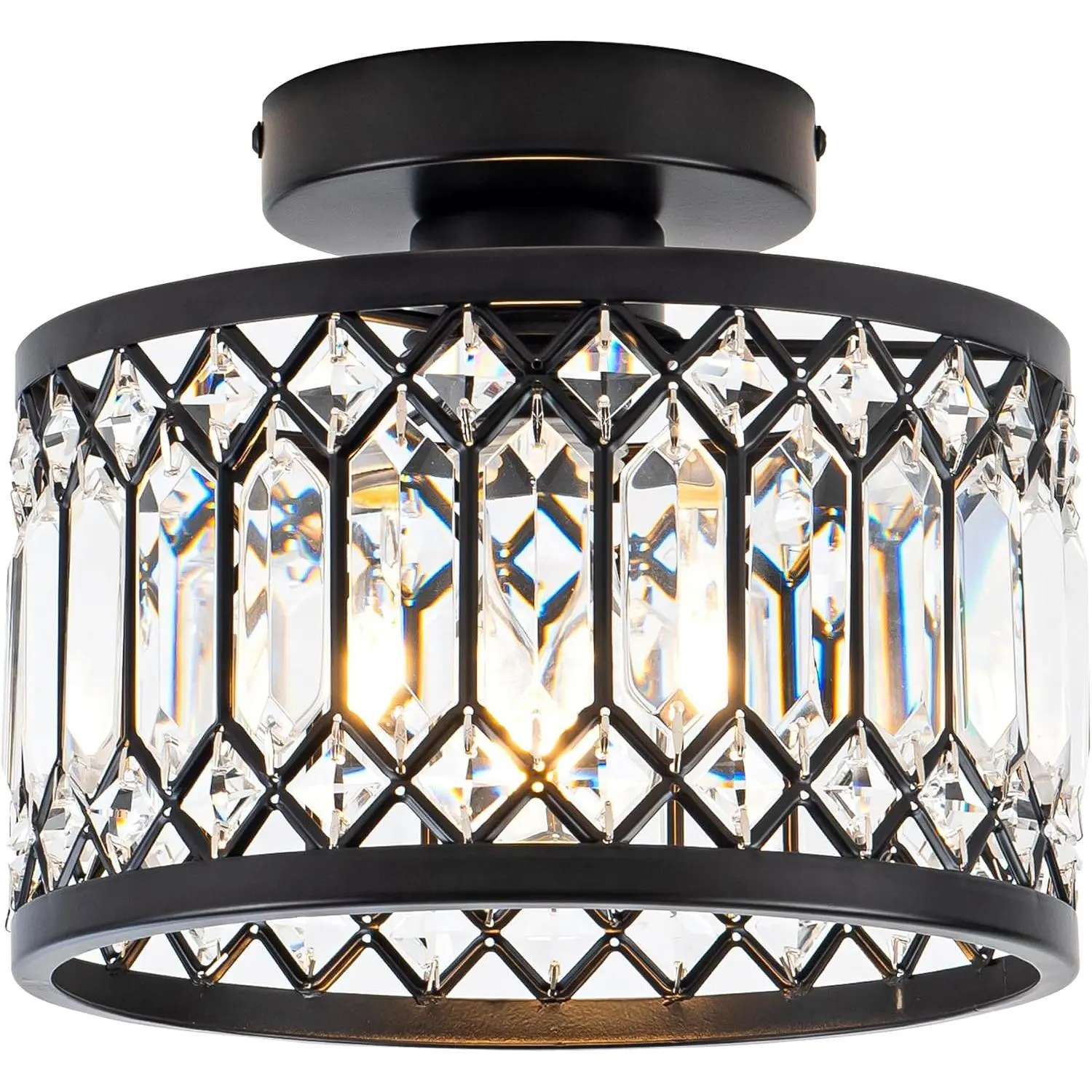 Black Frame Contemporary Semi-Flush Mount Crystal Chandelier - Indoor Metal & Glass Modern Ceiling Light Fixture, Fully Assembled, 4.72in Base Diameter, 9in Diameter, Creates Comfortable Atmosphere, Bulb Not Included