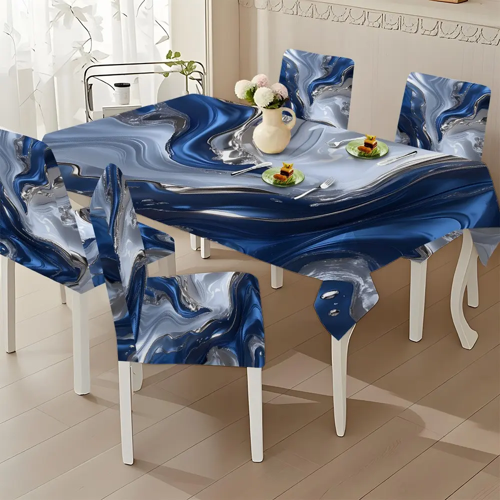 5pcs/7pcs Blue Paint Pattern Tablecloth and Chair Covers Set, Non-Slip, Ideal for Family Gatherings, Holiday Dining Decor, Decorations