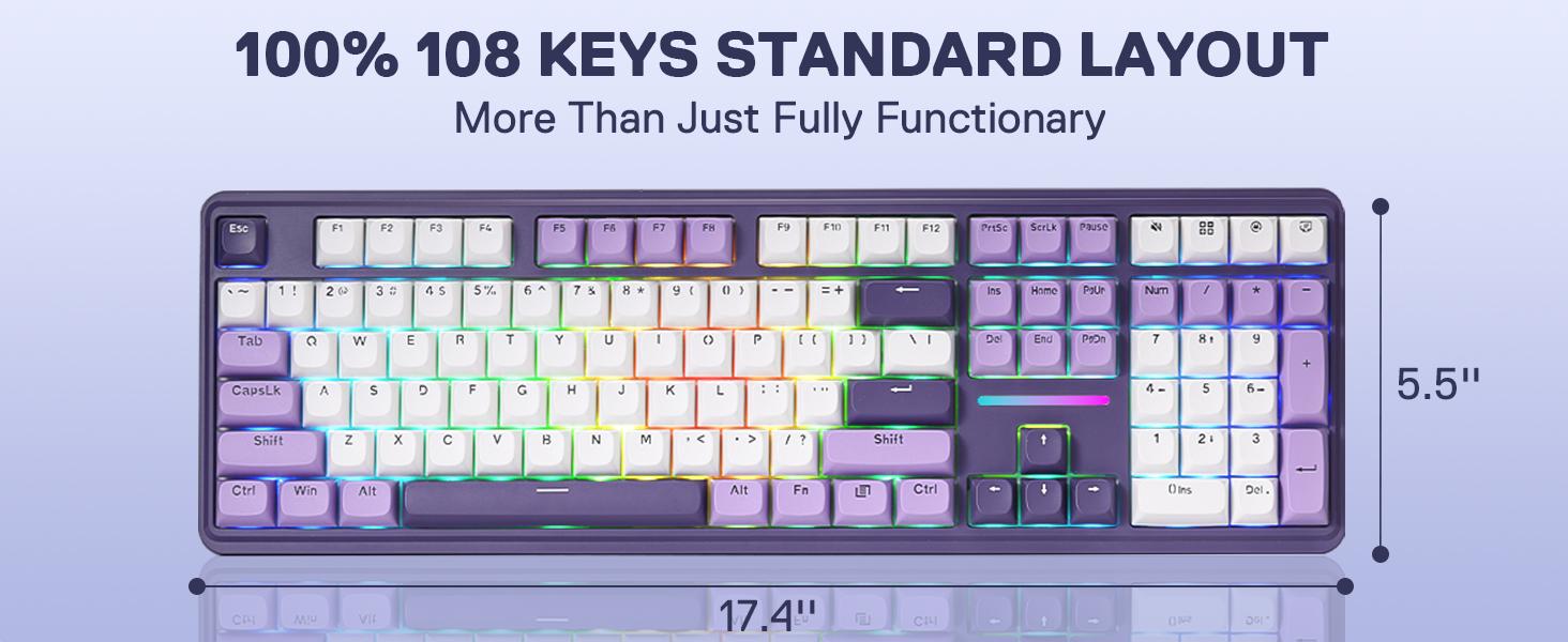 Redragon K745 PRO Wireless Gasket RGB Gaming Keyboard, 108 Keys Mechanical Keyboard w/Extra 4 Hotkeys, Hot-Swap South-Facing LED Socket, 5-Layer Noise Dampening, Round PBT Keycaps, Mint Mambo Switch,Charming Purple