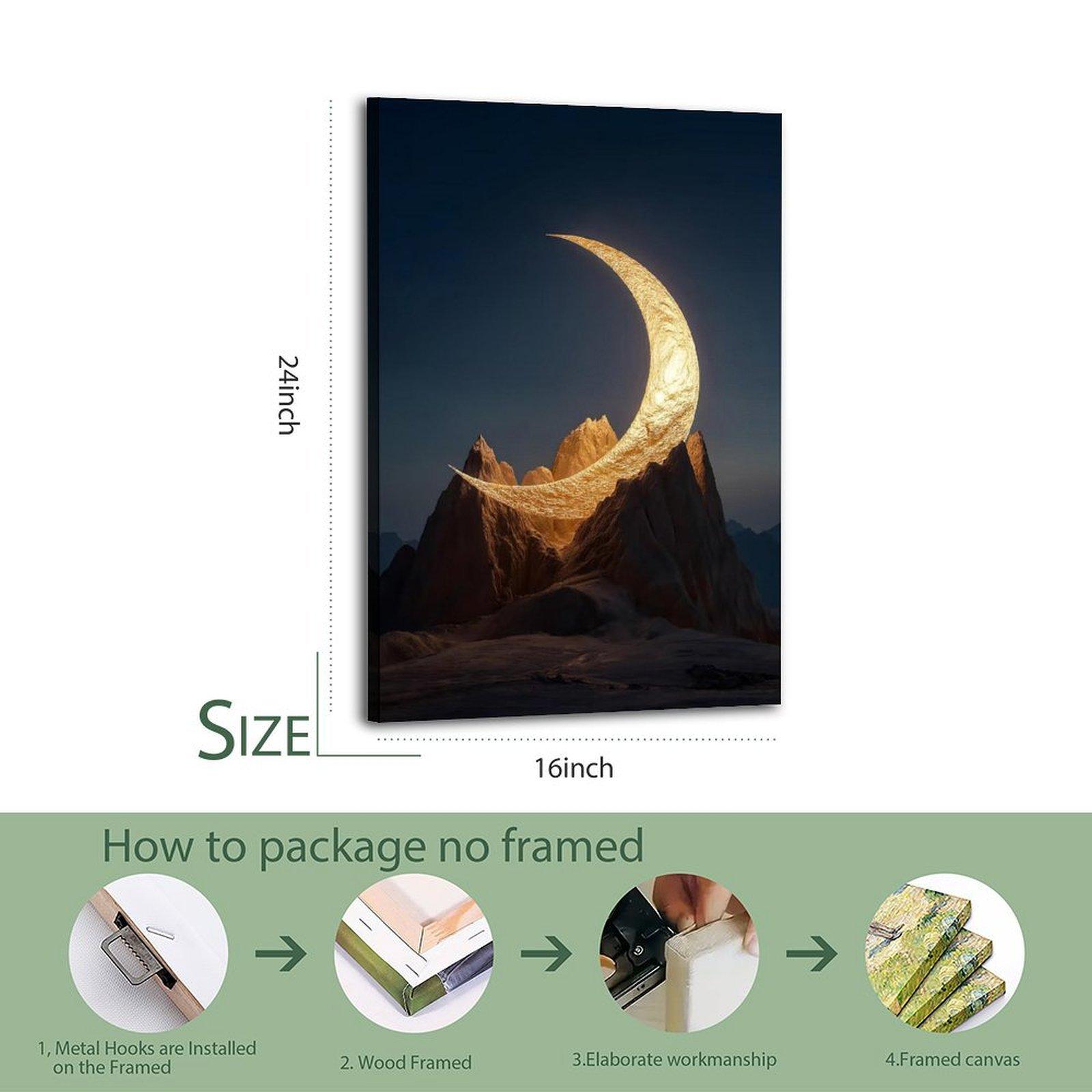 Golden Crescent Moon Over Mountains Artistic Wall Decor, Waterproof Canvas Poster, Cute And Vibrant Poster for Bathroom, Living Room, Bedroom, Dorm, A Perfect Gift Idea for New Year Home Decor