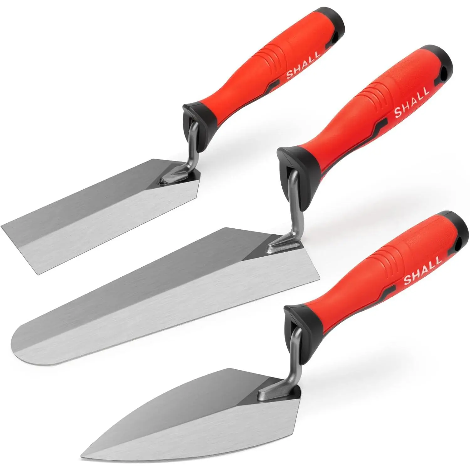 3-Piece Masonry Trowel Set with 6" Margin, 7" Gauging, and 5.5" Pointing Trowel - Anti-Rust Carbon Steel Tools with Soft Grip Handles for Concrete, Mortar, Cement Leveling, and Bricklaying