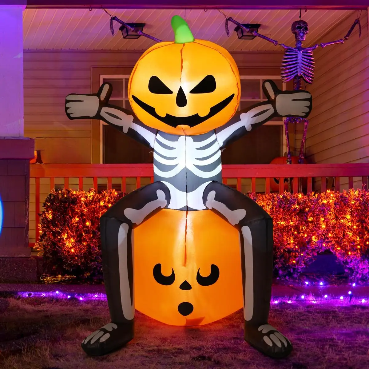 Halloween Inflatables 5FT Skull Skeleton Pumpkin Head with Built-in LEDs Blow Up Yard Decoration  Holiday Party Indoor, Outdoor, Yard, Garden, Lawn