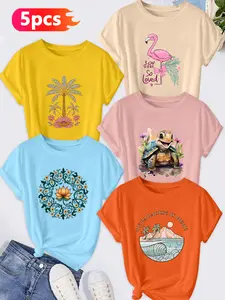 5PCS Women's Crew Neck Tee, Palm Tree Turtle Lotus Print, multi-color, washable, soft summer top