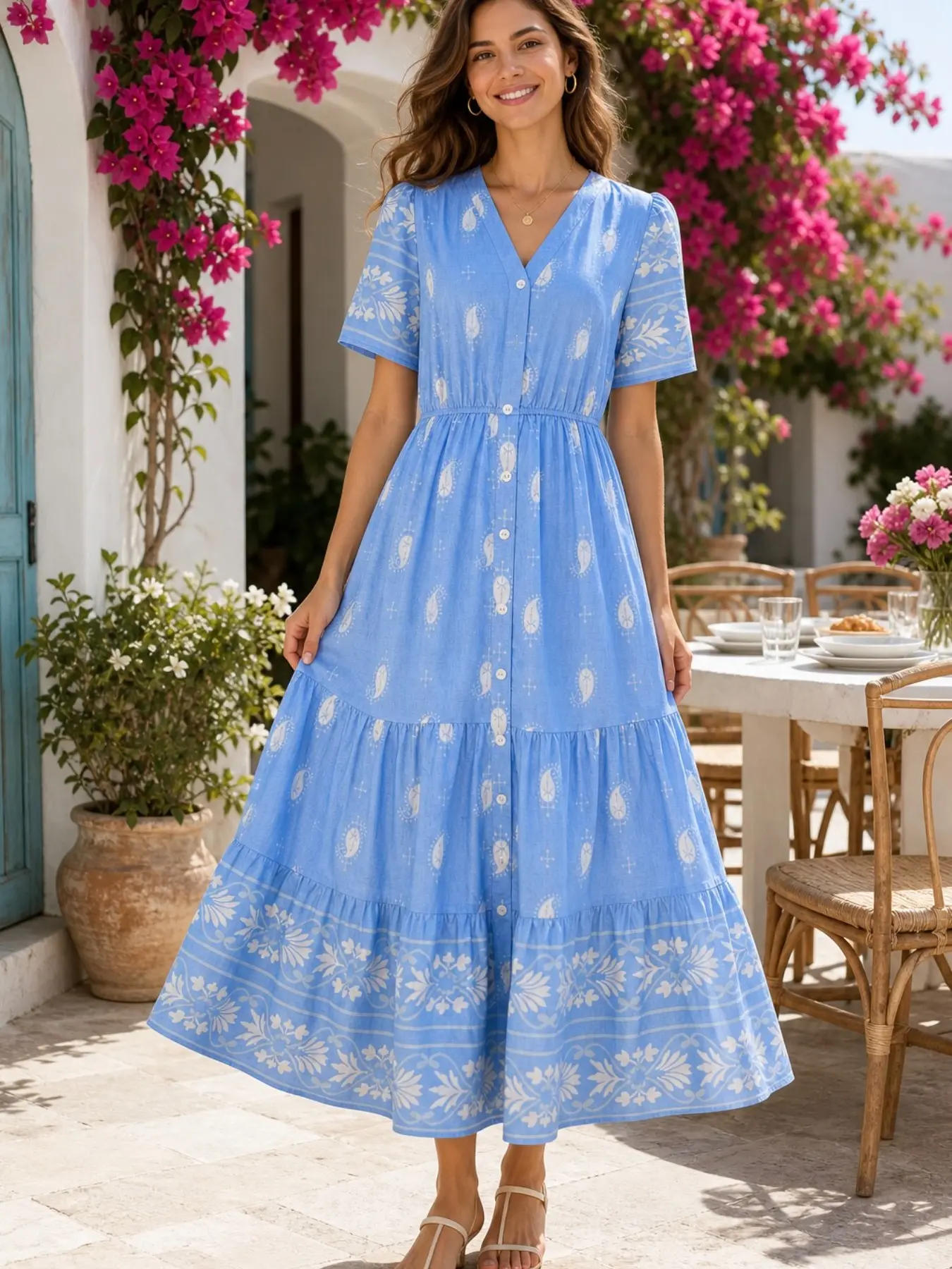 European and American Retro Ethnic Bohemian Vintage Style Short Sleeve Long Dress, Lightweight Breathable Conceal Fat A-Line Dress, Fashionable and Comfortable