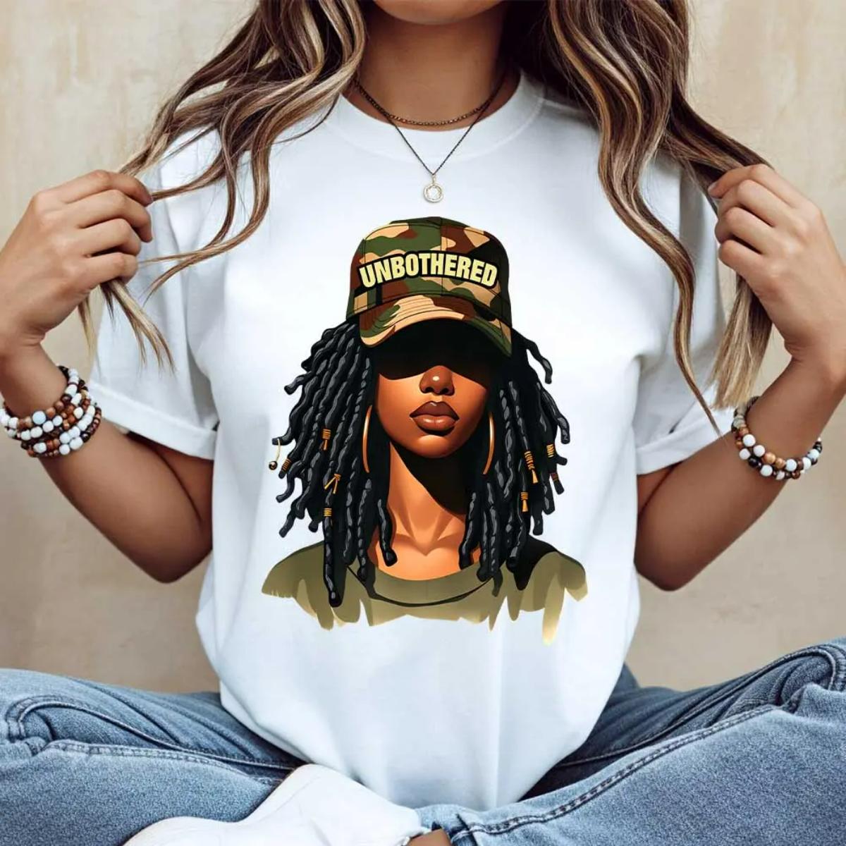 Crew Neck Cotton Polyester Graphic T-Shirt, Unbothered Girl With Dreads And Camo Hat Graphic Printed Tee, y2k Fashion Casual Streetwear Humor Shirt, Comfortable & Breathable Material, Everyday Outfit, Gifts, SuperYi
