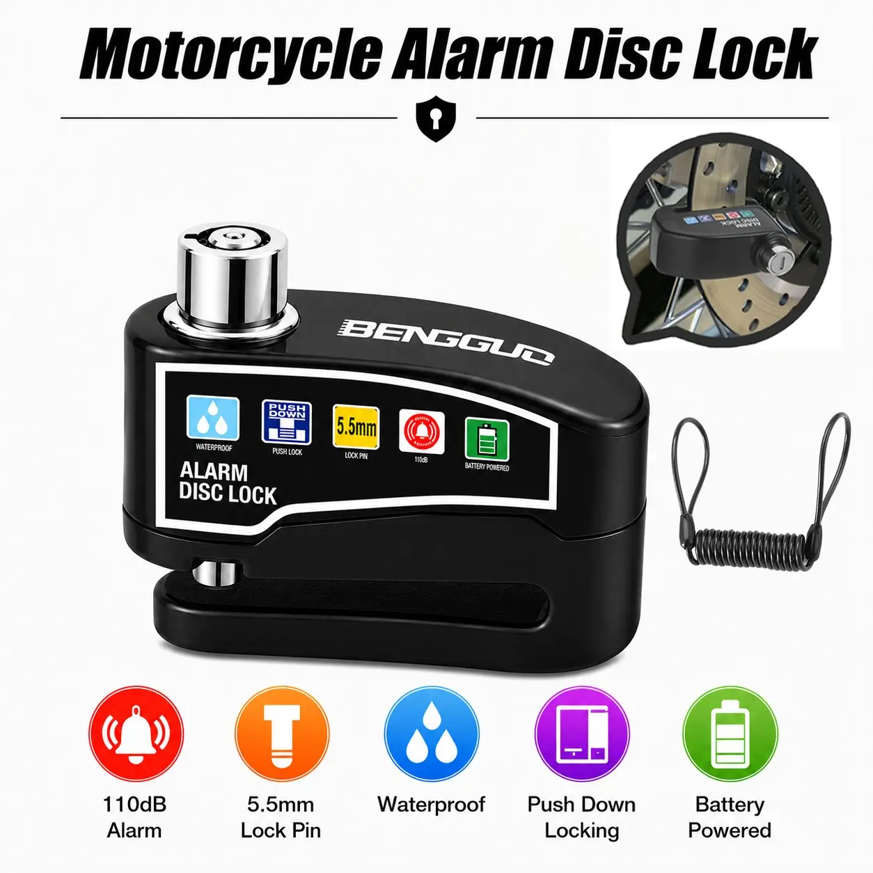 oein Loud Bike Security Lock, Disc Brake Lock, Top-Quality Motorcycle Lock, 110Db Alarm System, Vibration And Motion Detection, Expert Anti-Theft Features, User-Friendly And Portable, IP65 Rated