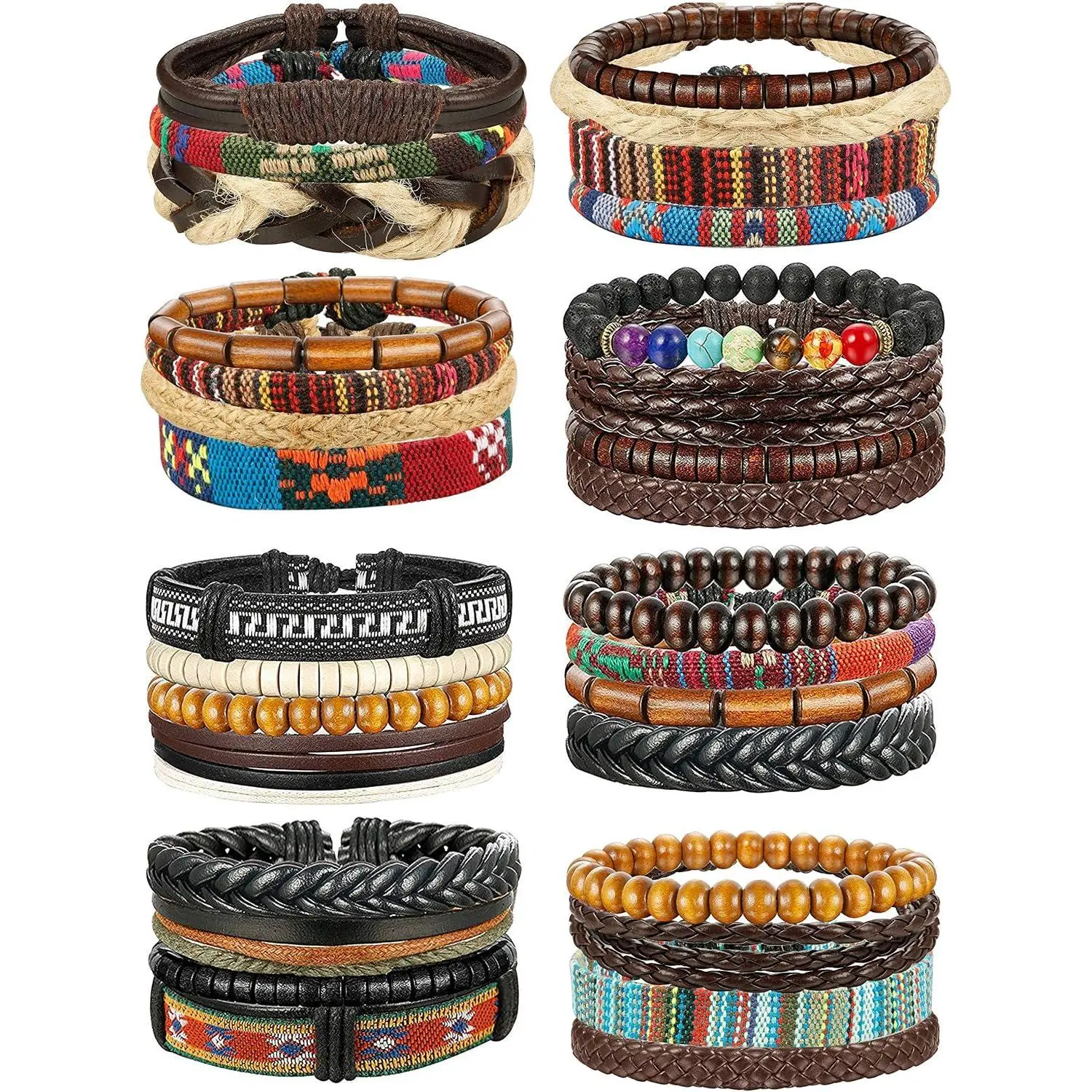 Braided Leather Bracelets for Men Women - Wooden Beads Cool Wrap Cuff Bracelets Mens  Tribal Wristbands Punk  Bracelet Set 31 count