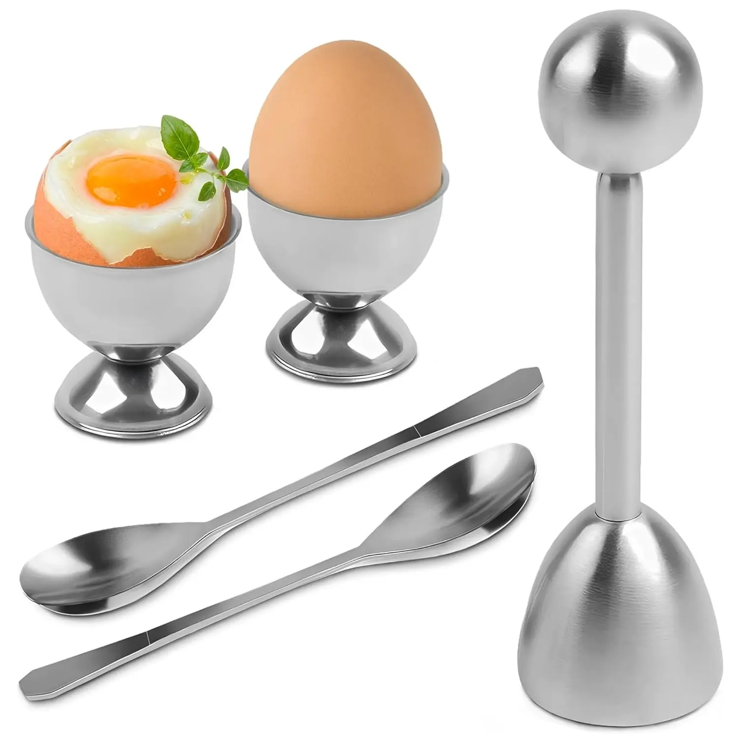 5-Piece Egg Cracker Set, Handheld Egg Cracker, Stainless Steel Egg Cracker, and Stainless Steel Egg Cups, Perfect for Family Breakfasts, Restaurant Decor, and Home Kitchen Use. The Unique Egg Cups Are Ideal for Making Soft-Boiled Eggs.