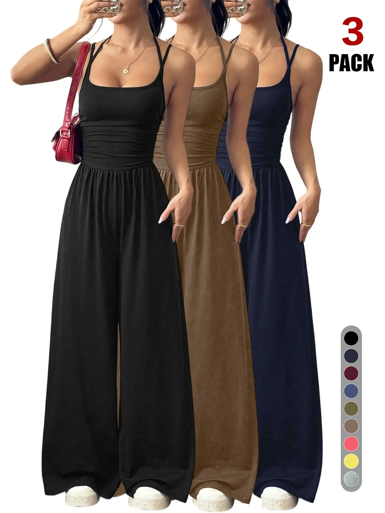 2026 Summer Spaghetti Strap Casual Basic Jumpsuit, Ruched Waist Wide Leg, U Neck Sleeveless, Casual High Waist, Daily Street & Beach Wear