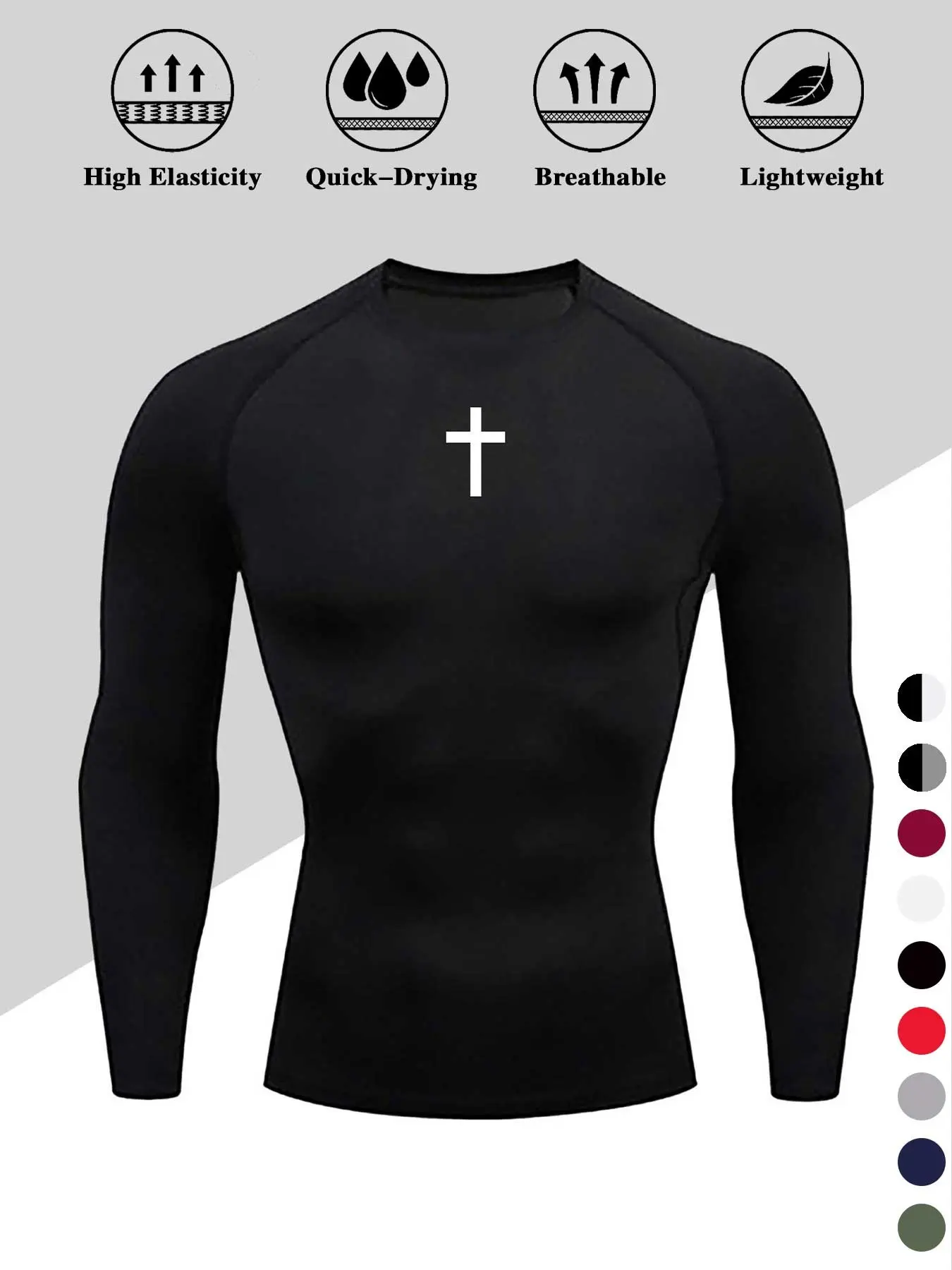 Men's High Elastic Fitness Running Compression Shirt, Cross Print Breathable Sweat-Wicking Long Sleeve Top for Outdoor Training, Athletic Compression Shirts, Fitness Apparel