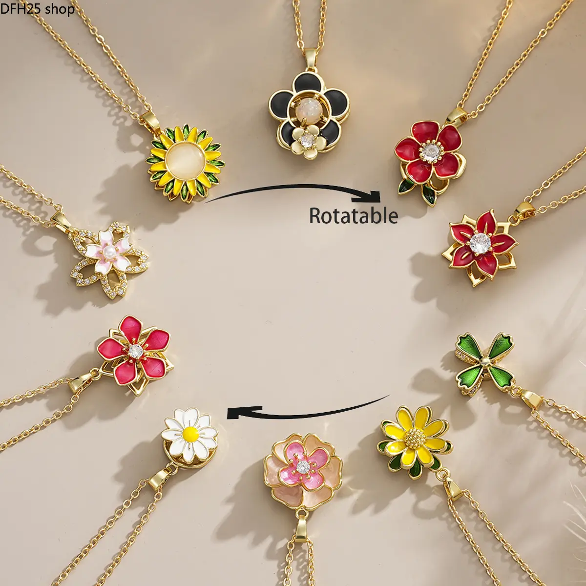 Rotatable Daisy Flower Pendant Necklace for Women, Enamel Floral Charm Gold Tone Chain With Cubic Zirconia Details, Cute Fashion Jewelry Accessory for Daily Wear, Parties and Special Occasions